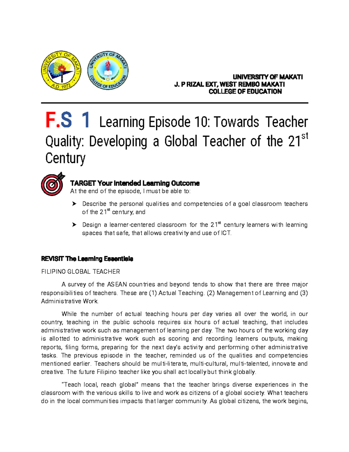 Episode+10-+THE+21ST+ Century+ Teacher - UNIVERSITY OF MAKATI J. P ...