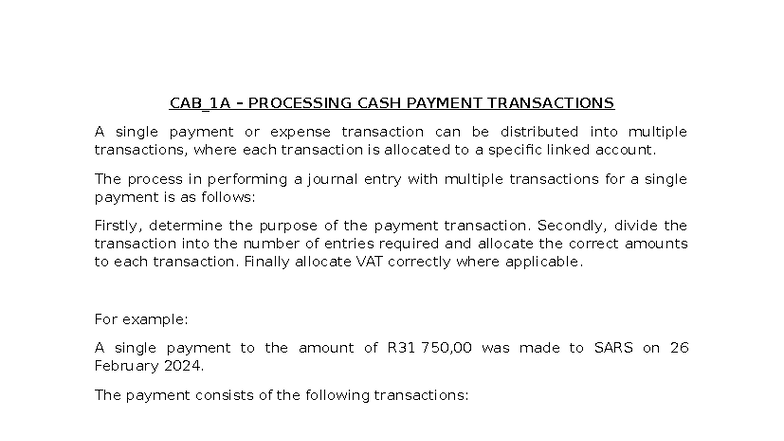 CAB_1A - Cash Payment Processing in Cashbook Transactions - Studocu