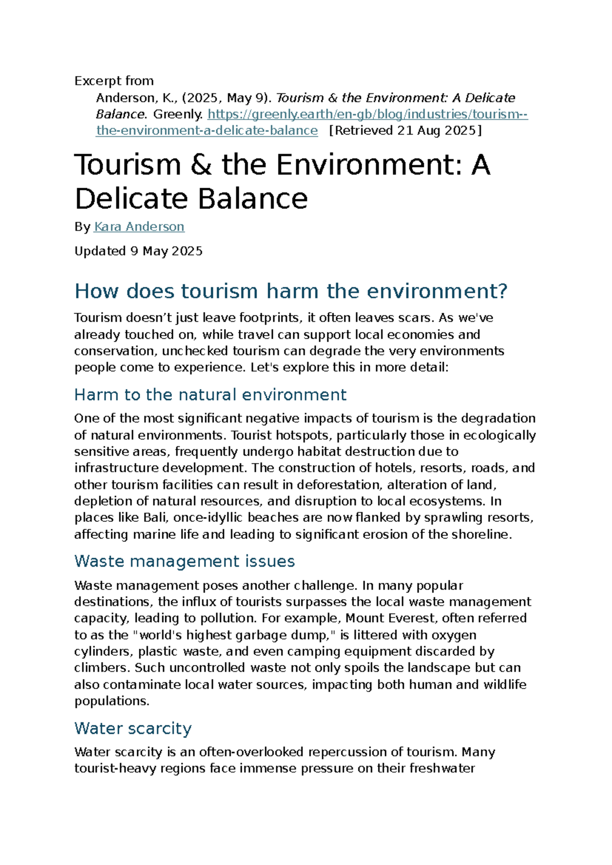 Anderson (2025) Case Study: Tourism's Impact on the Environment - Studocu