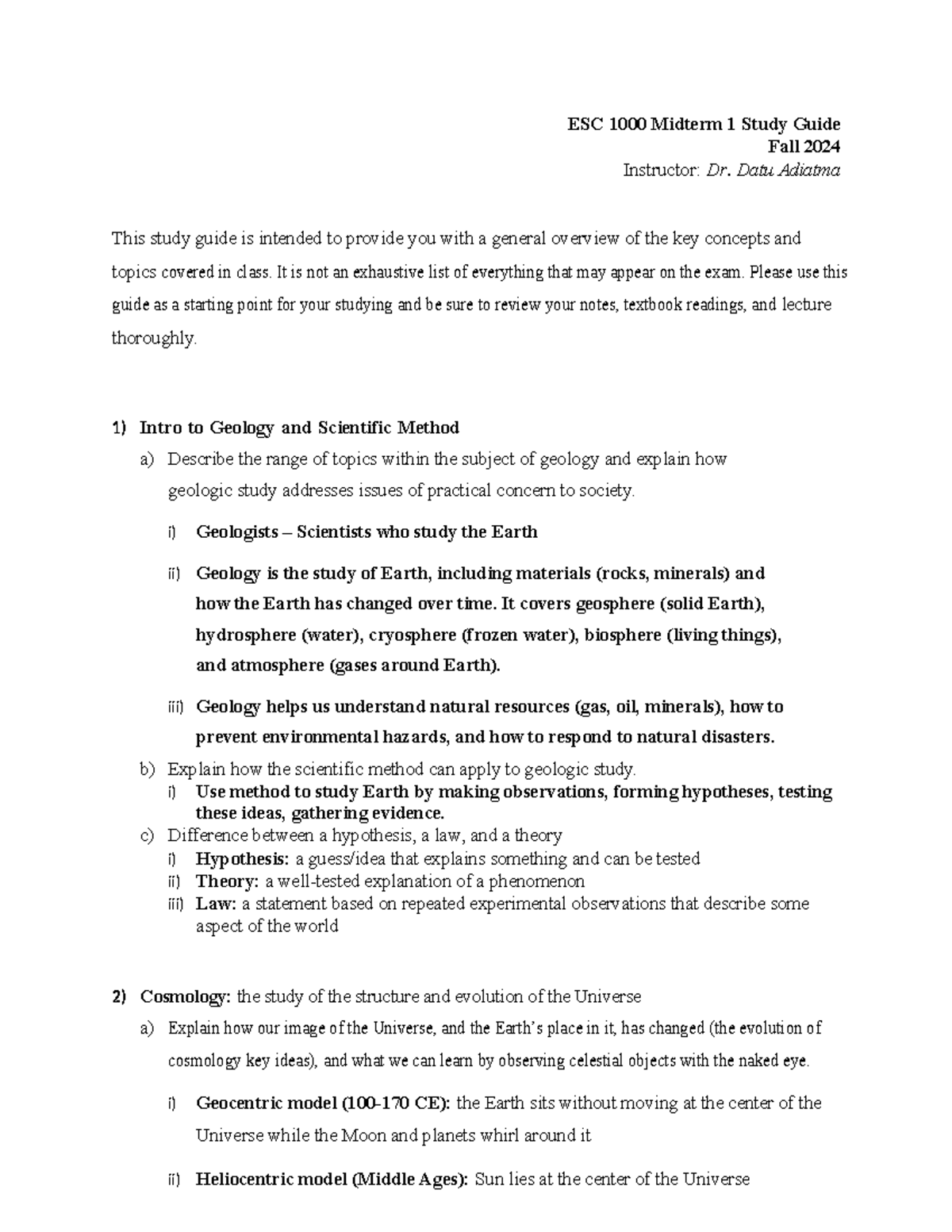 ESC 1000 Midterm 1 Comprehensive Study Notes for Fall 2024 - Studocu