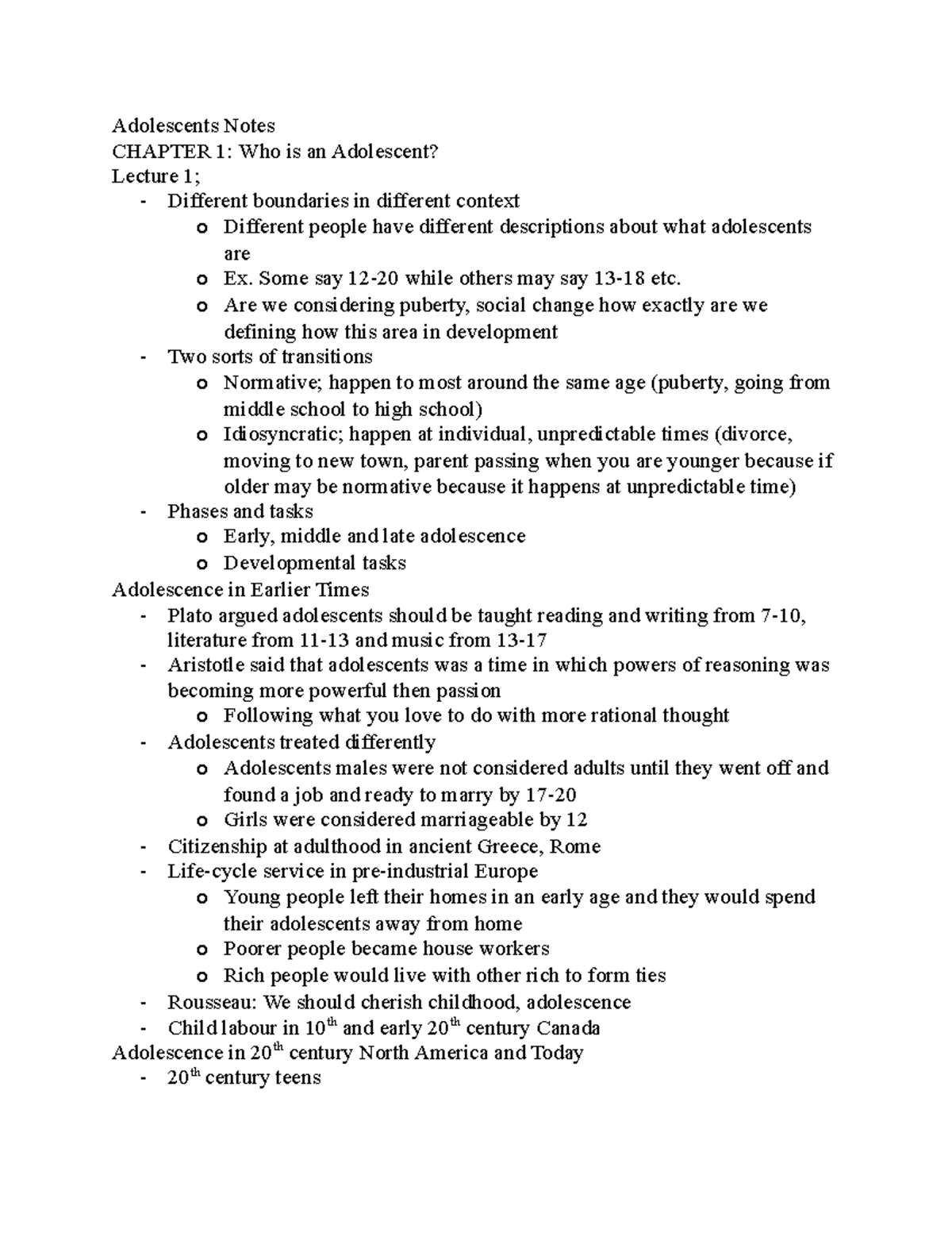 Adolescence Lecture 1 Notes - Defining Transitions & Contexts - Studocu