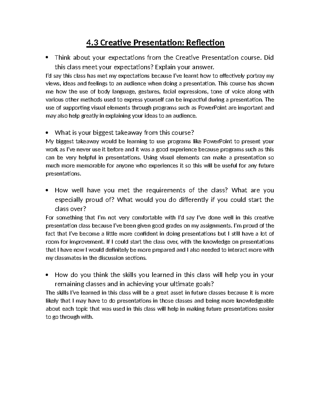4.3 Creative Presentation Reflection: Course Expectations and Takeaways ...