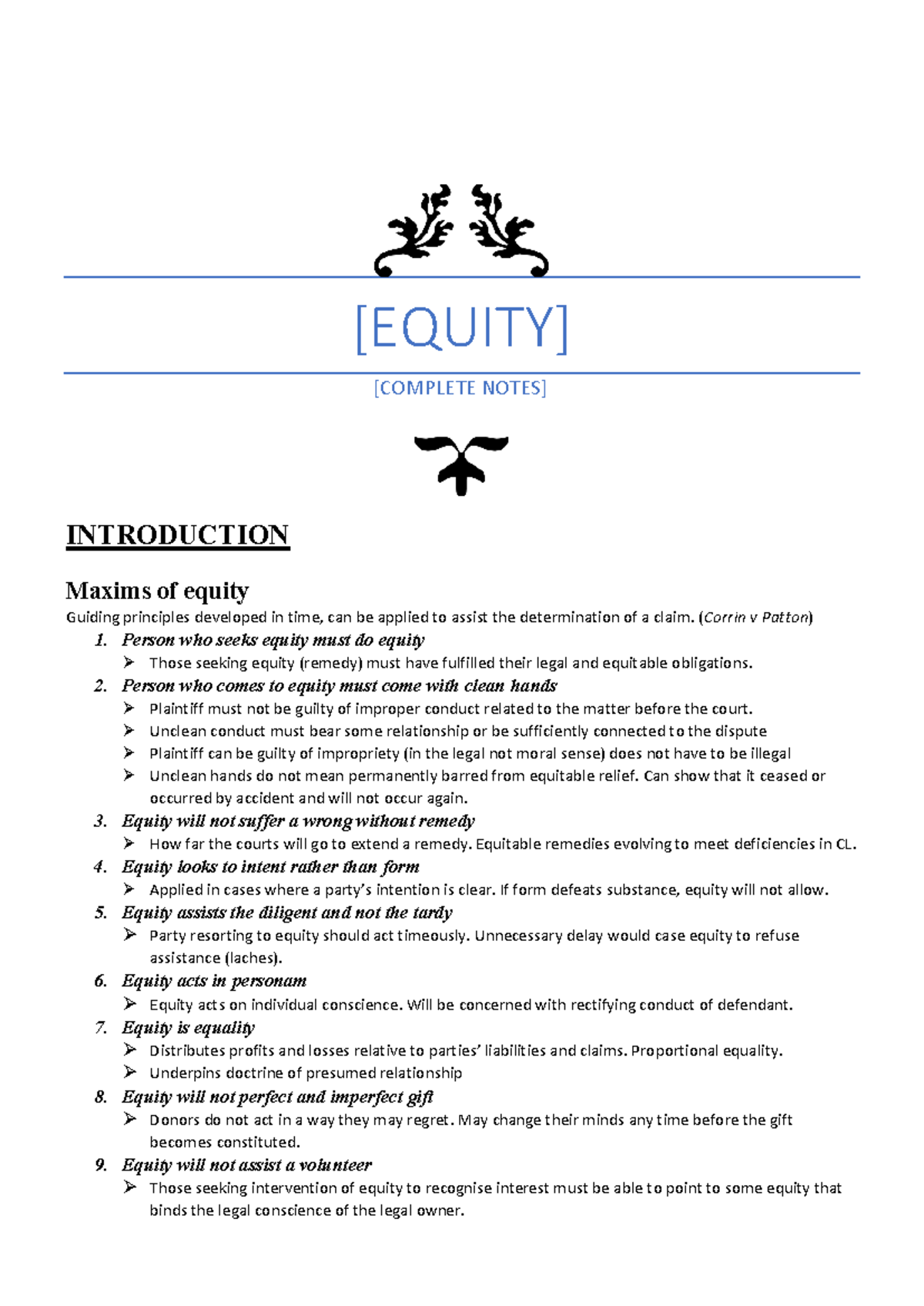 Equity Complete Lecture Notes: Principles & Rights Explained - Studocu