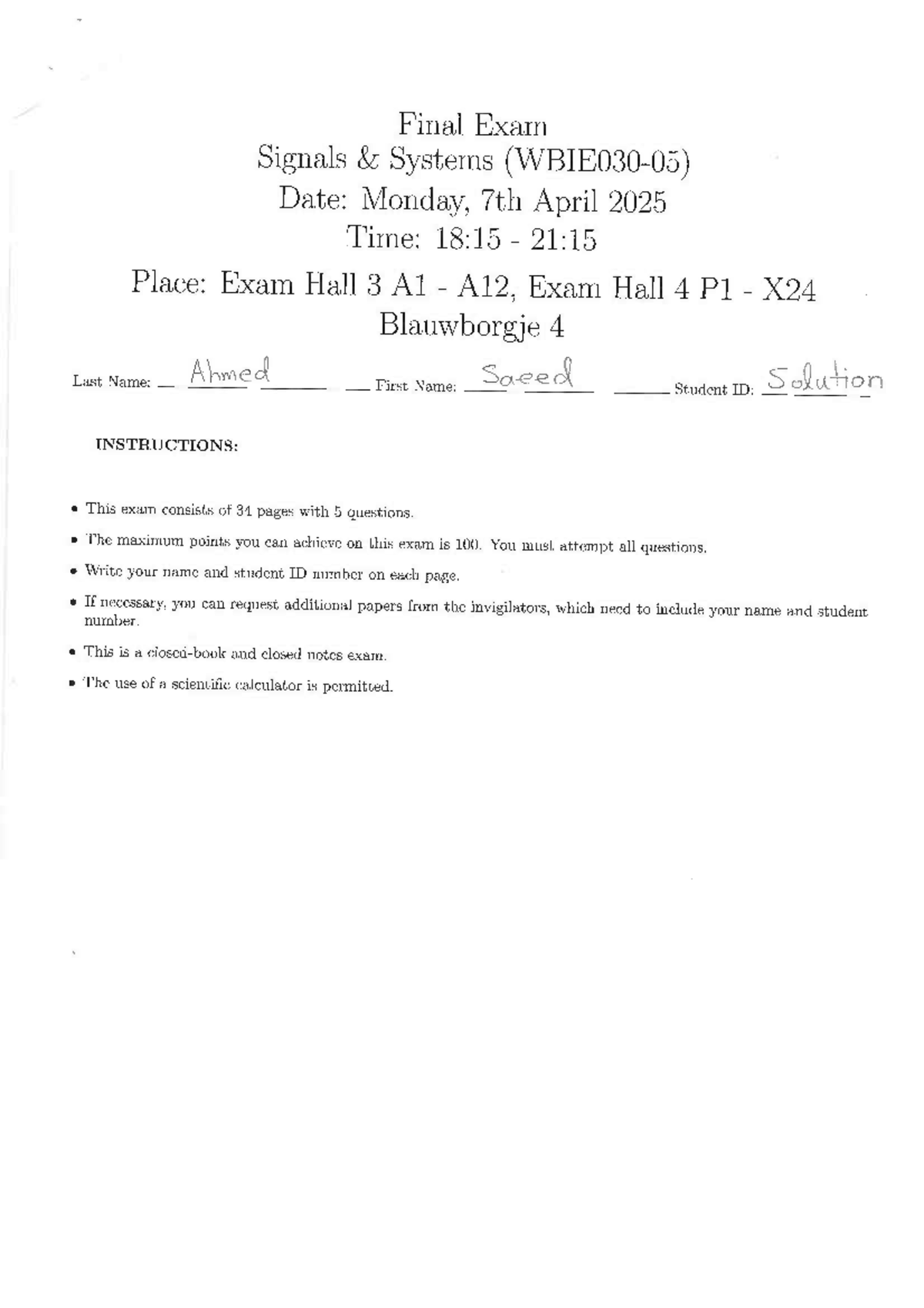 Final Exam SS 2025: Signals and Systems Overview - Studeersnel