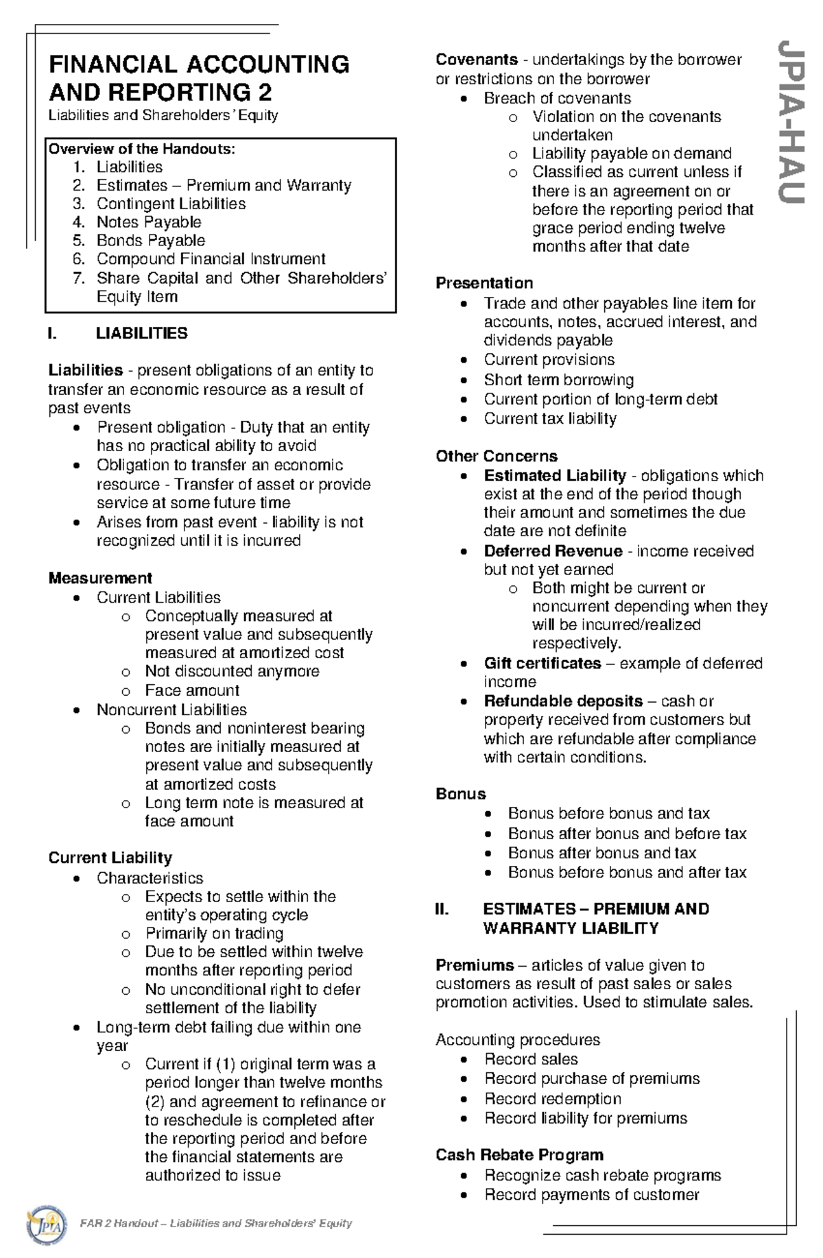 FAR 2 - Liabilities & Equity Review Notes for Financial Accounting ...