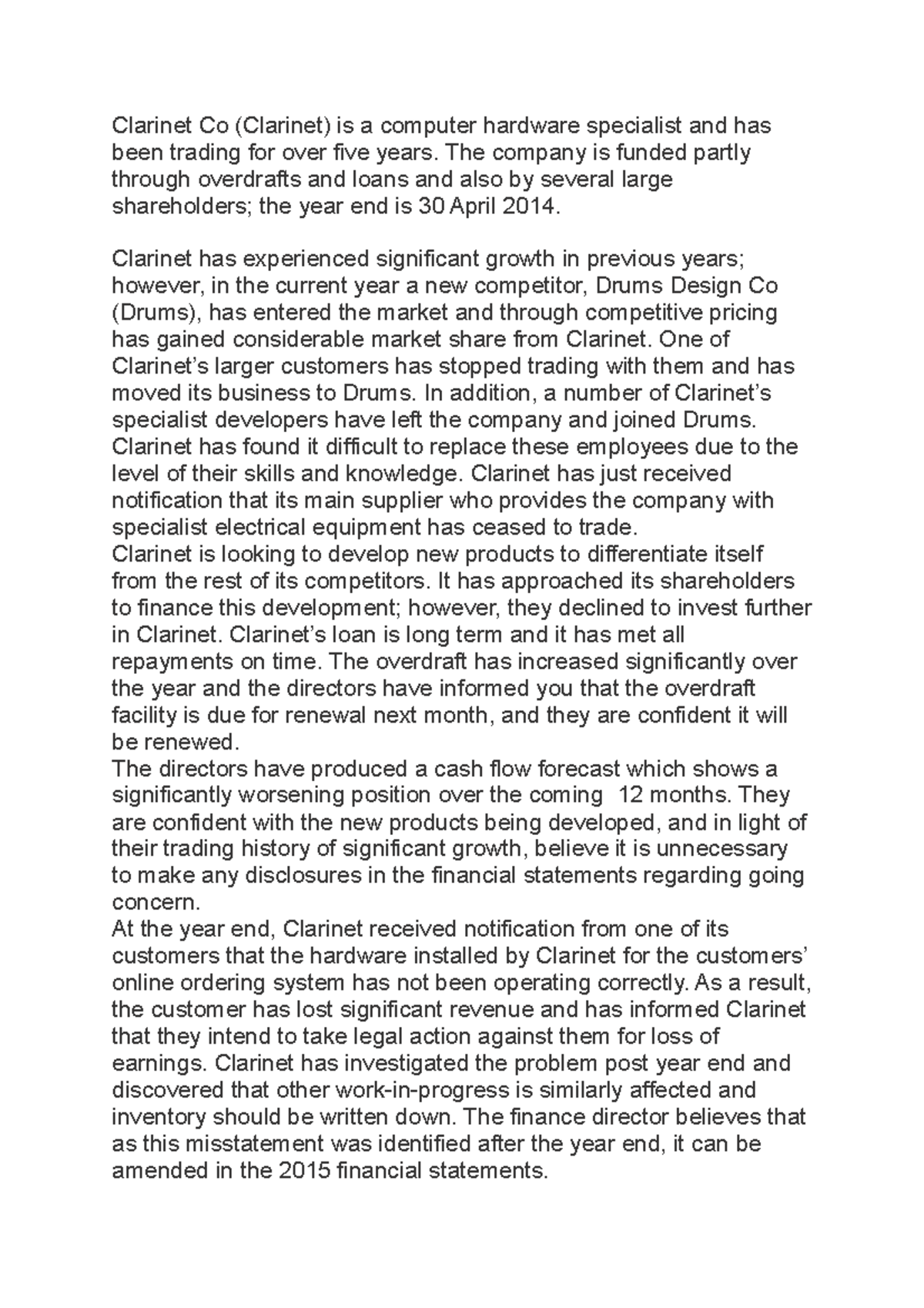 ACCA Past Exam Case Study: Clarinet Co's Going Concern Issues - Studocu