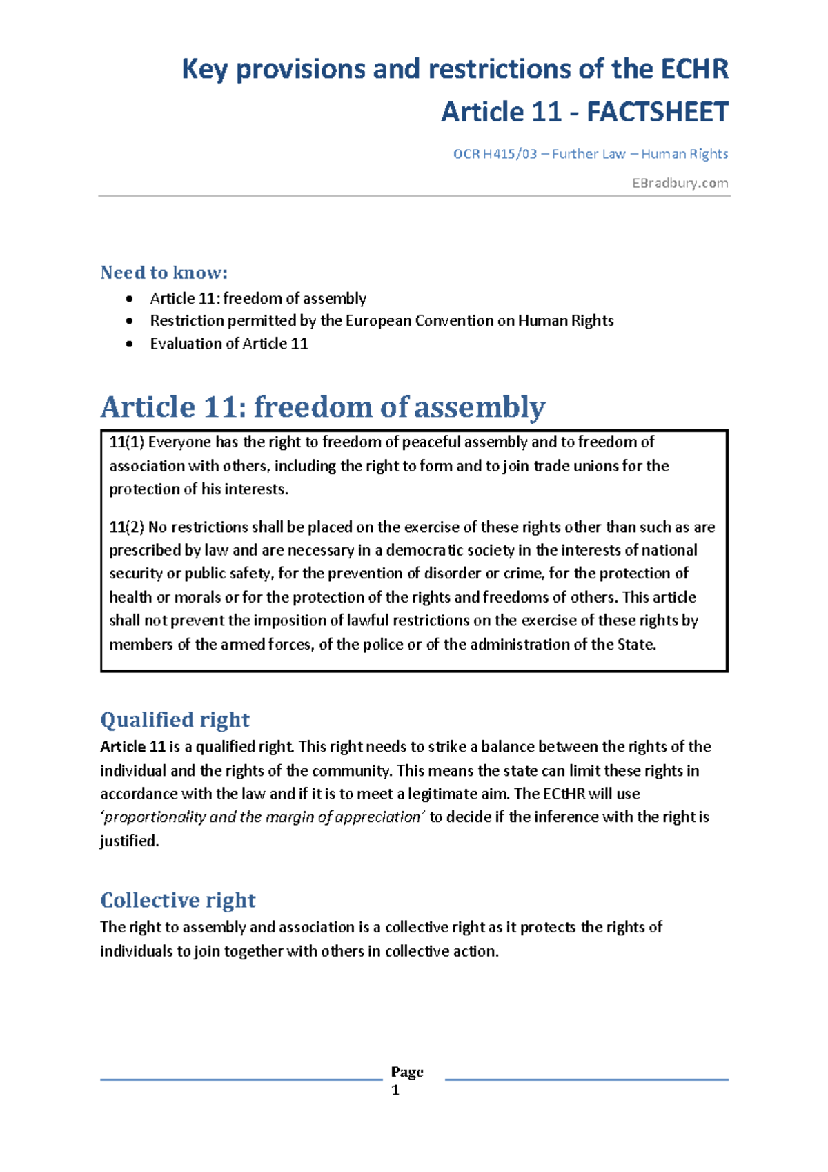 Article 11 Factsheet: Freedom of Assembly and Association - OCR H415/03 ...