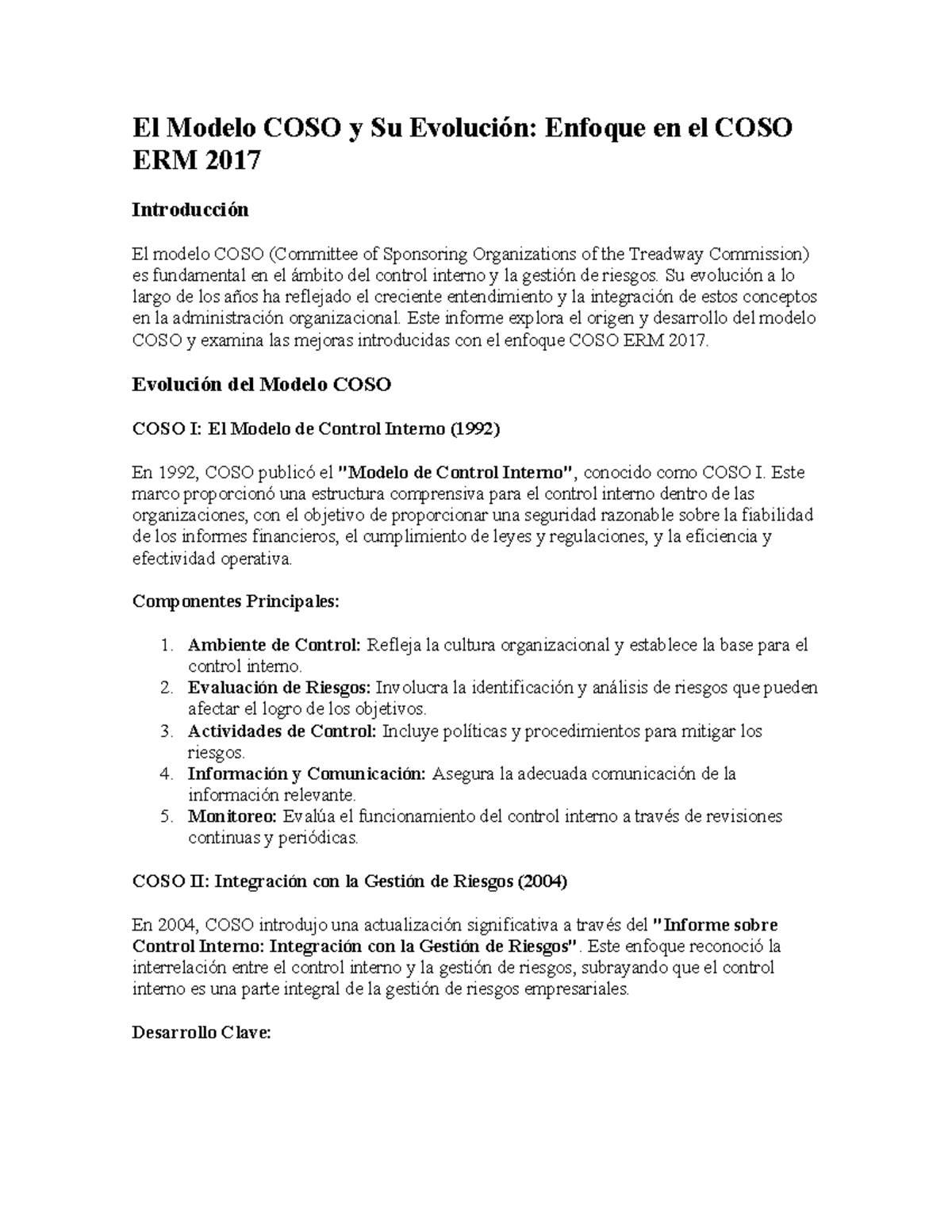 El Modelo COSO y Su Evolución: Enfoque en COSO ERM 2017 - Studocu