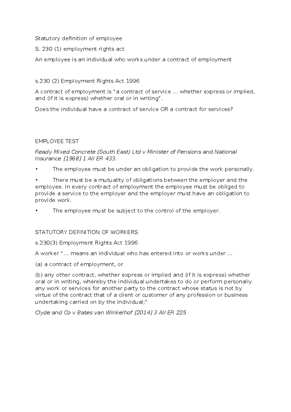 Employment Rights Act 1996: Employee Definition Notes - Studocu