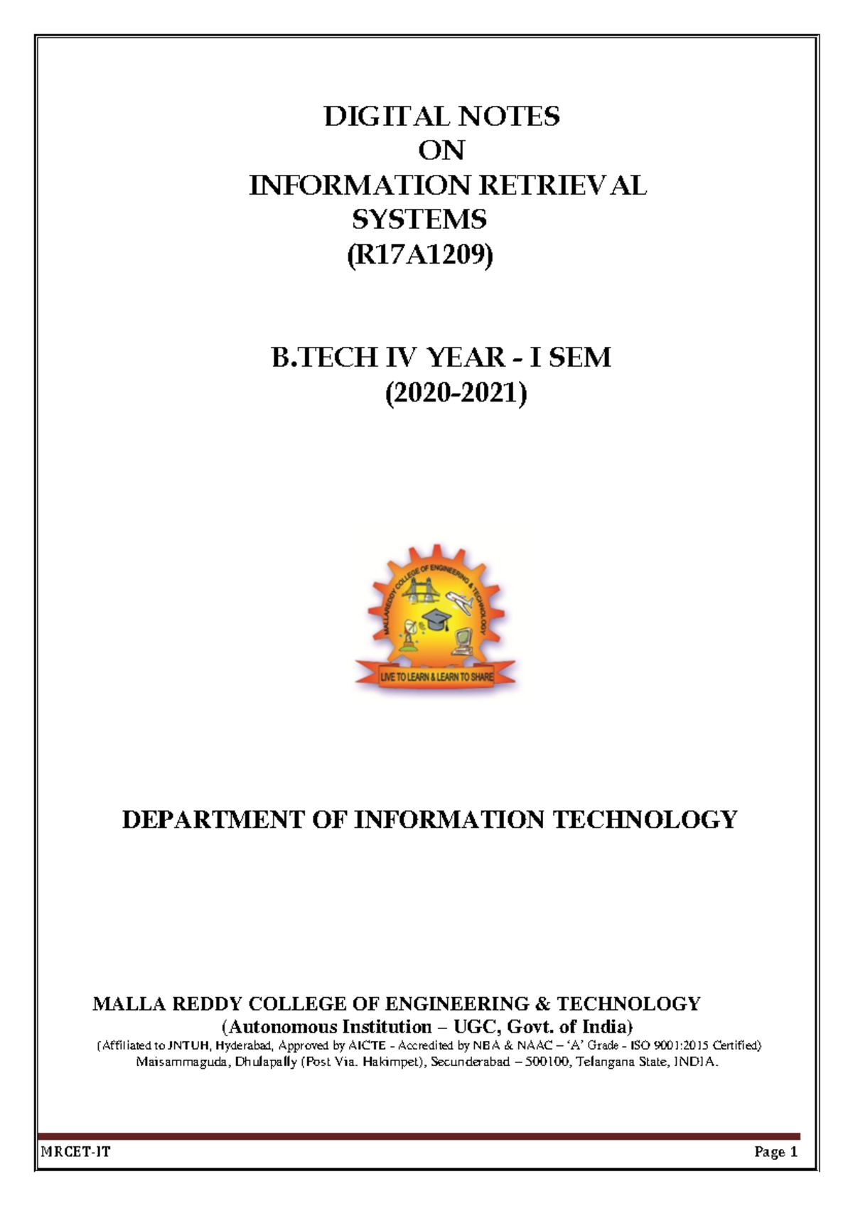 DIGITAL NOTES ON INFORMATION RETRIEVAL SYSTEMS (R17A1209) B.TECH IV SEM ...