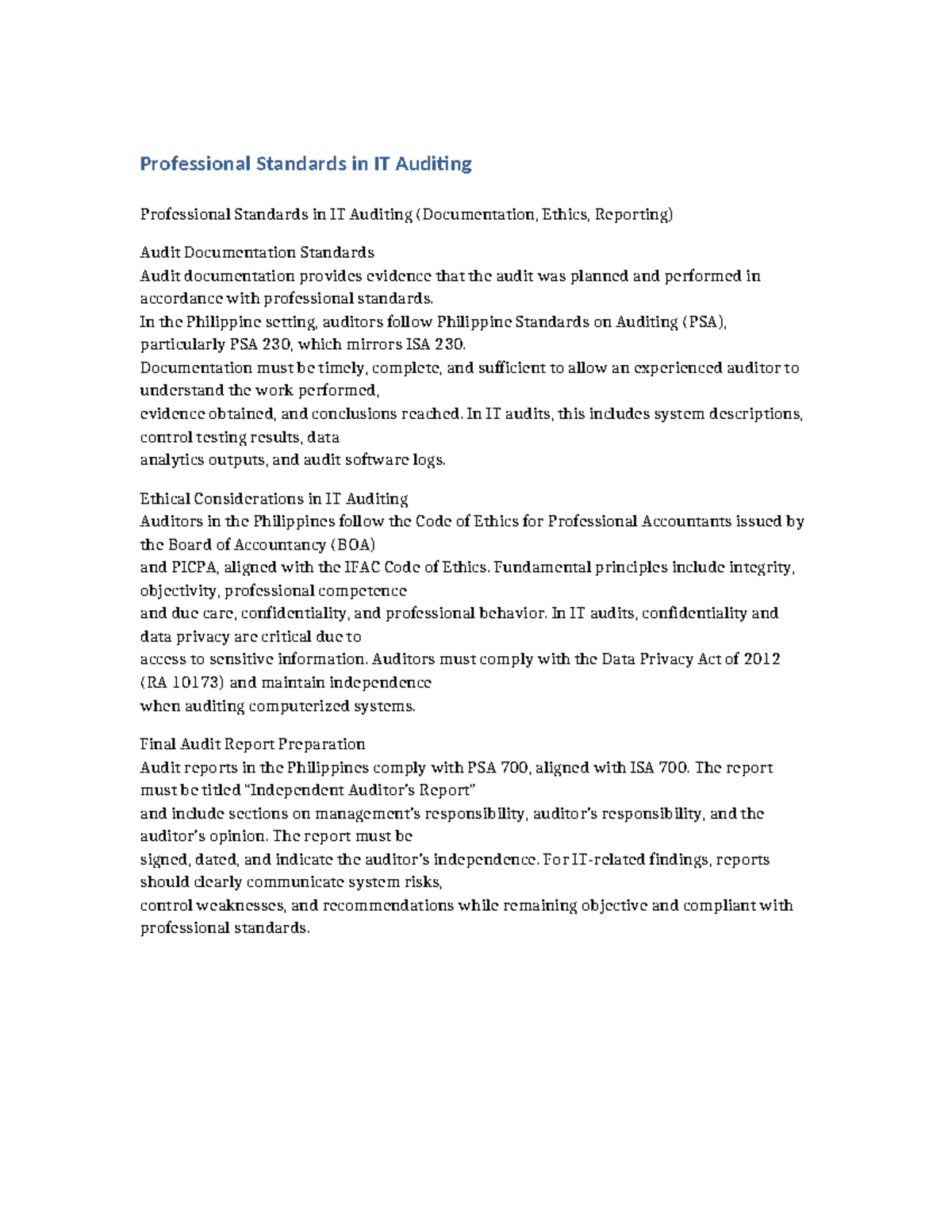 Professional Standards in IT Auditing: Documentation & Ethics - Studocu