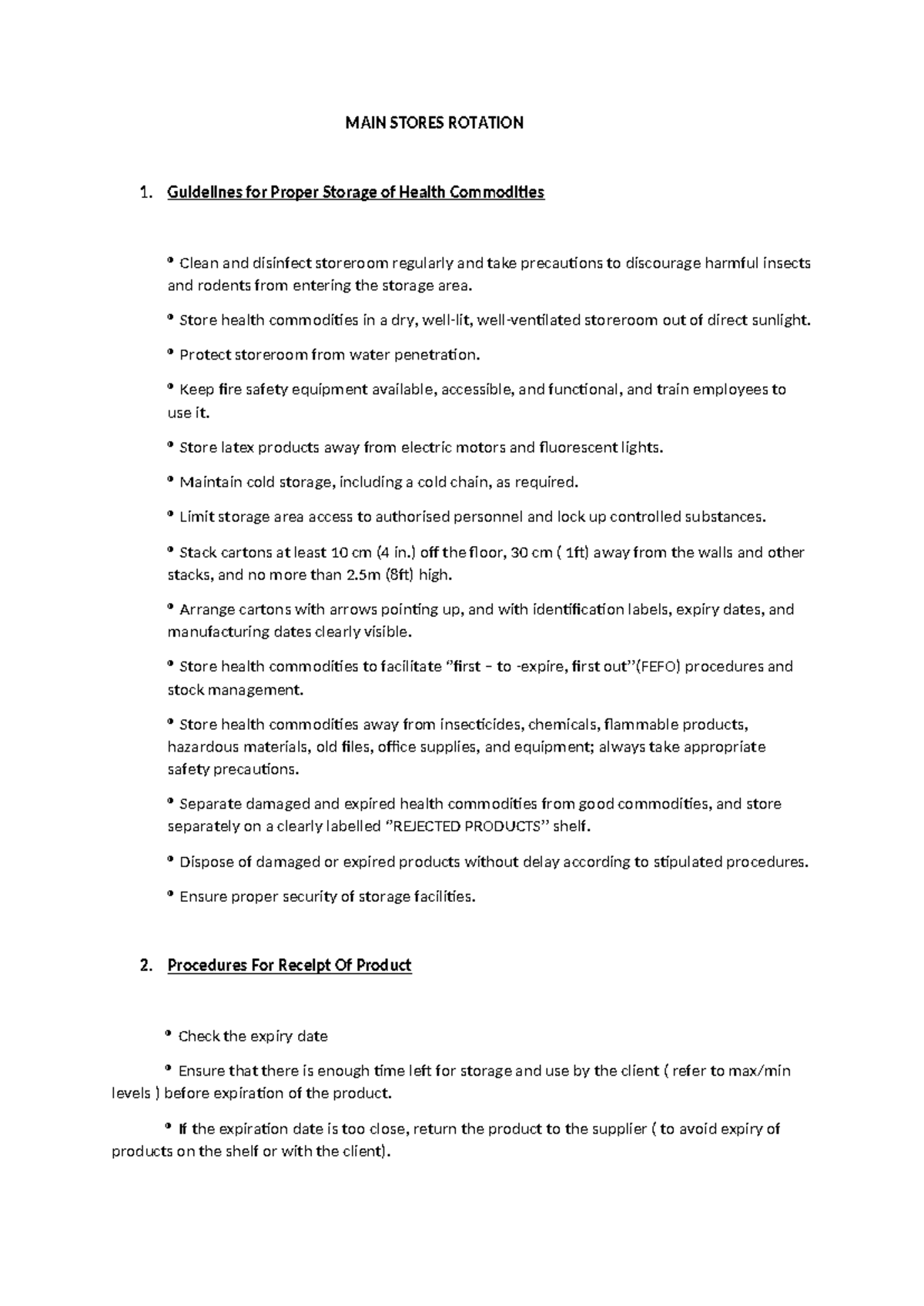 MAIN Stores Rotation 1: Guidelines for Health Commodity Storage - Studocu