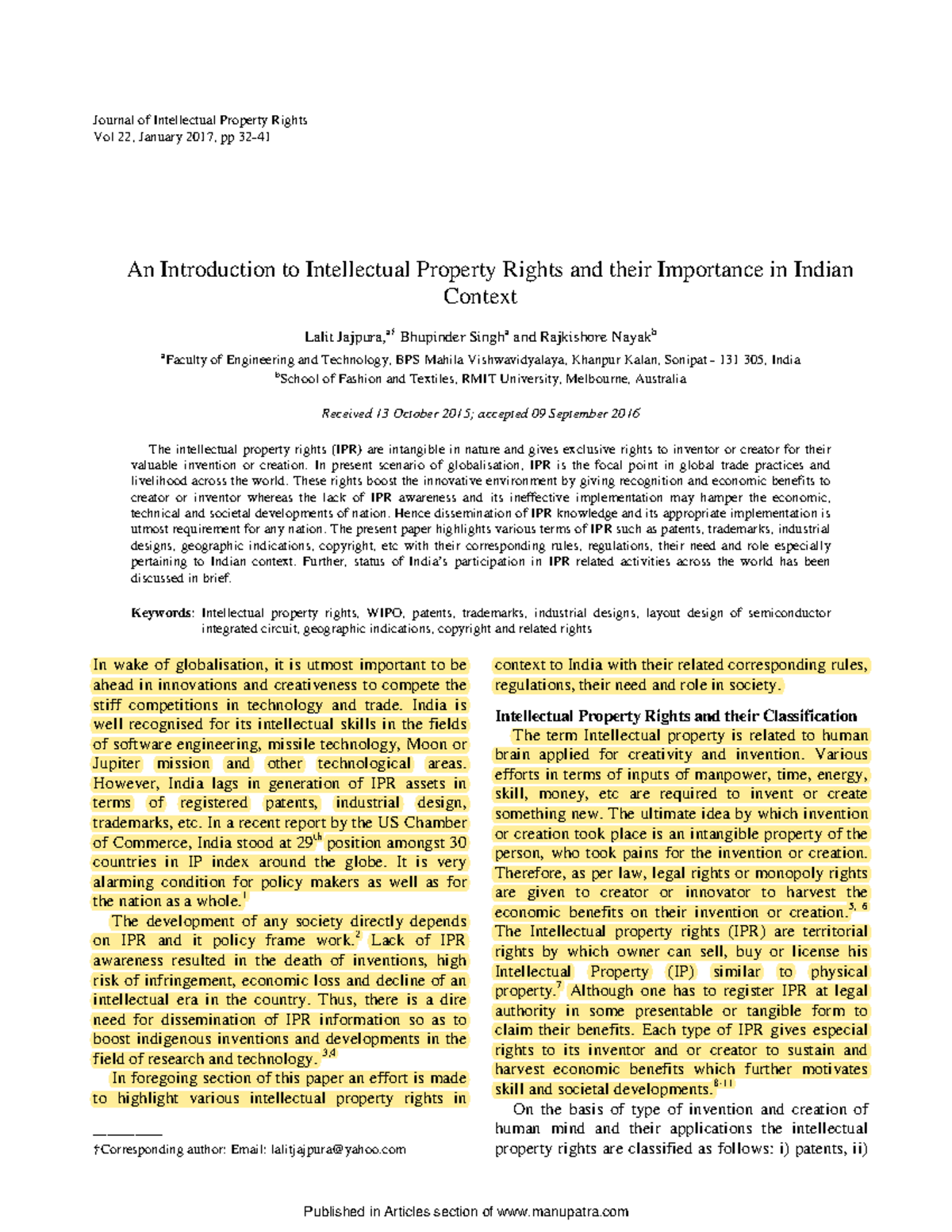 Intellectual Property Rights: Importance and Challenges in India (JIPR ...