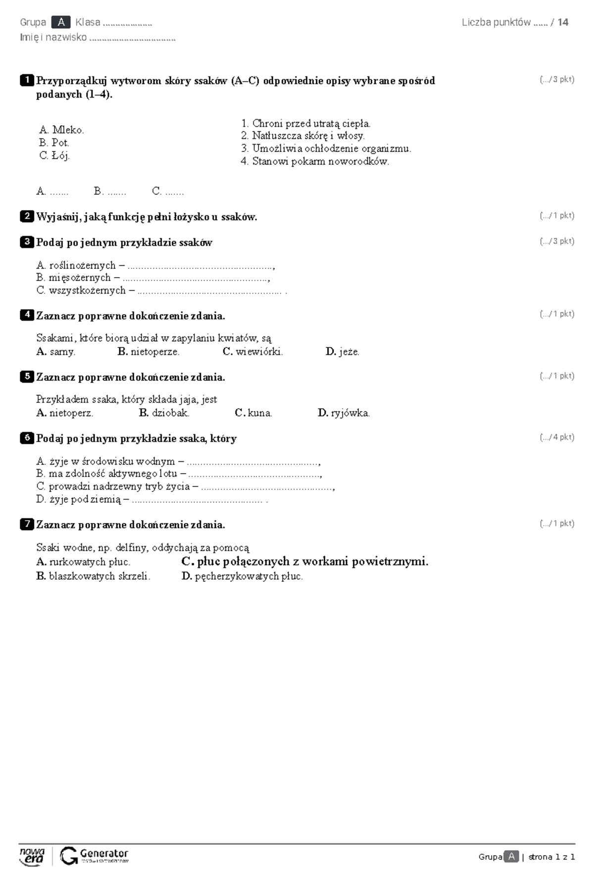 Sprawdzian Kl Vi Ptaki Kregiwce Latajace www.studocu.com