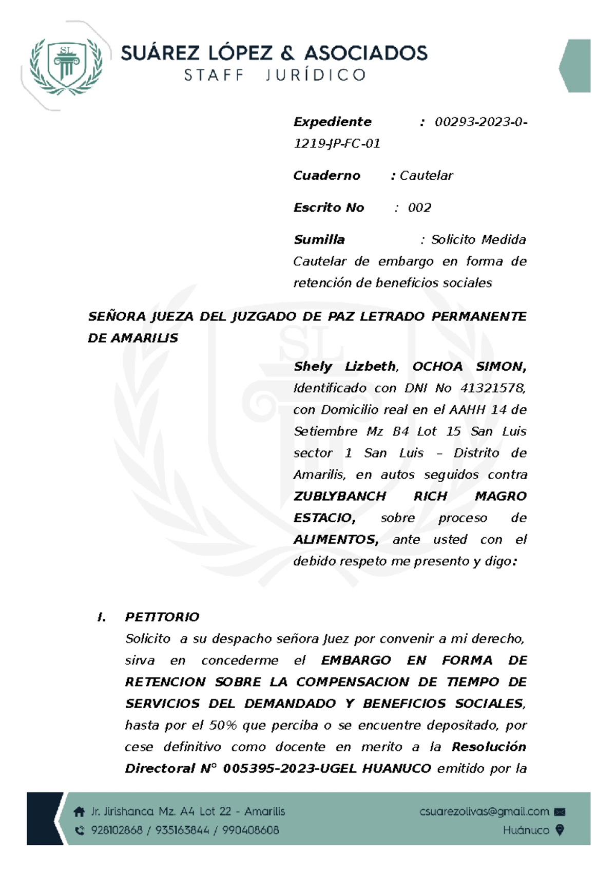 Solicitud de Medida Cautelar de Retención de Beneficios Sociales - Document Preview