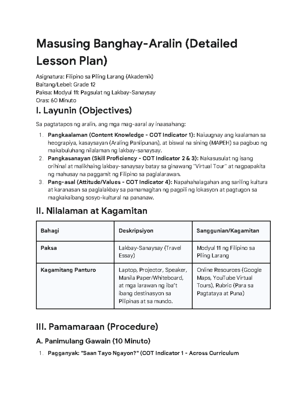 Filipino sa Piling Larang (Akademik) Grade 12: Modyul 11 Lesson Plan ...