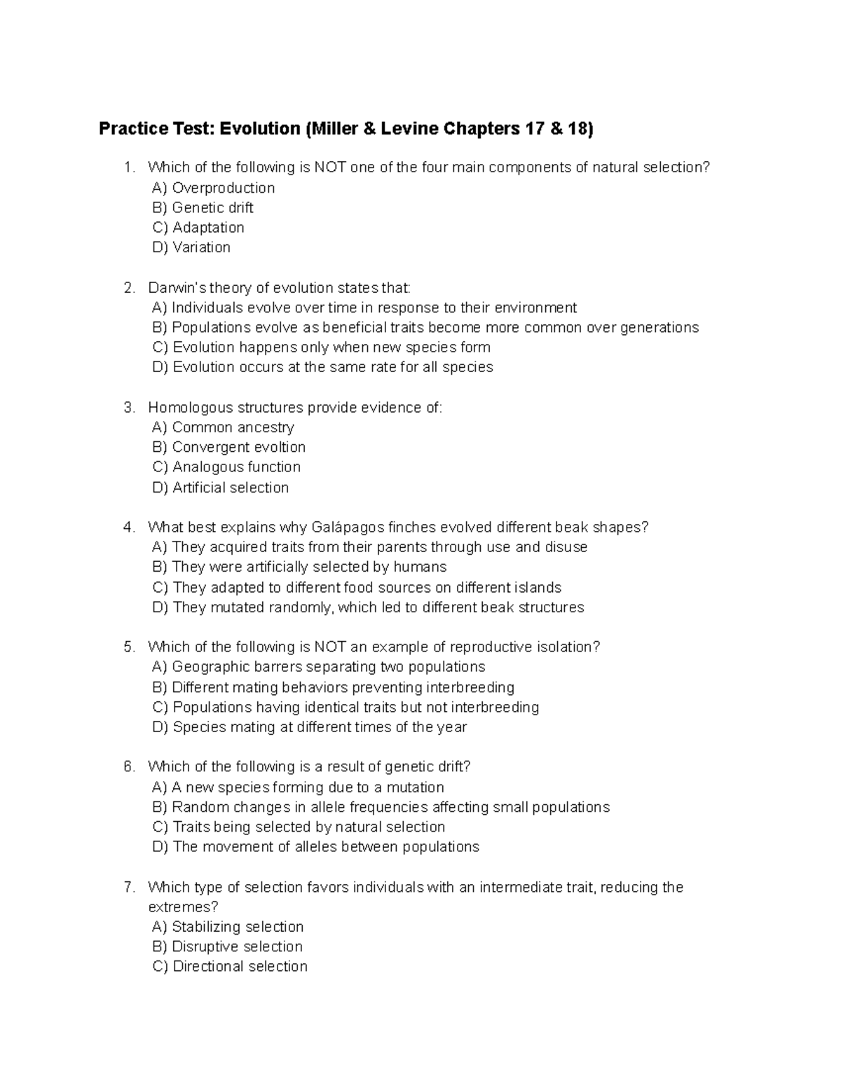 BIO Evolution Practice Test: Key Concepts and Questions - Studocu