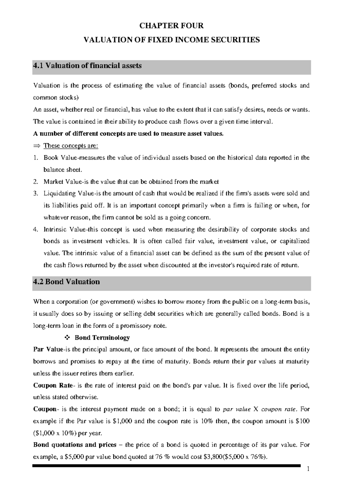 CH - 04 Valuation of Fixed Income Securities: Key Concepts & Models ...