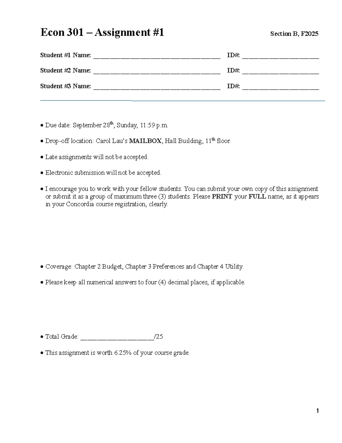 Econ 301, F2025 - Assignment #1: Budget & Utility Analysis - Studocu