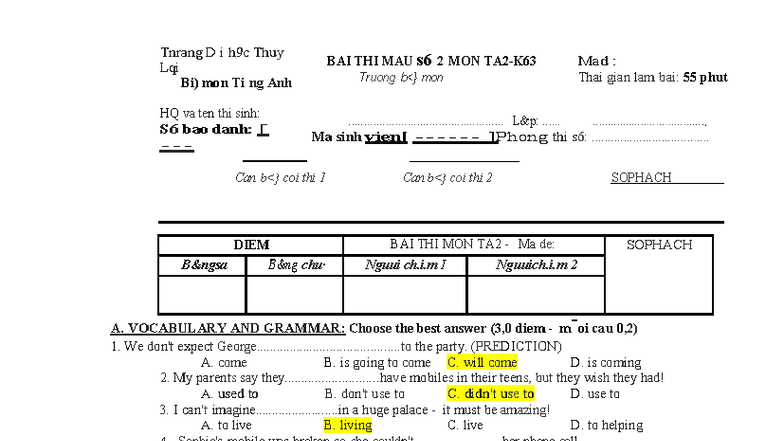 TA2-K61 Final Exam Sample Test 2 for English Language Students - Studocu