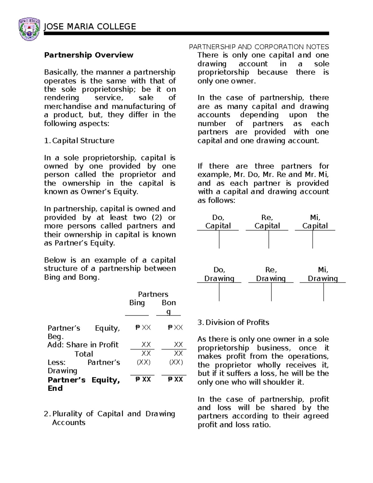 JOSE MARIA COLLEGE PARTNERSHIP AND CORPORATION NOTES: Chapter 02 ...