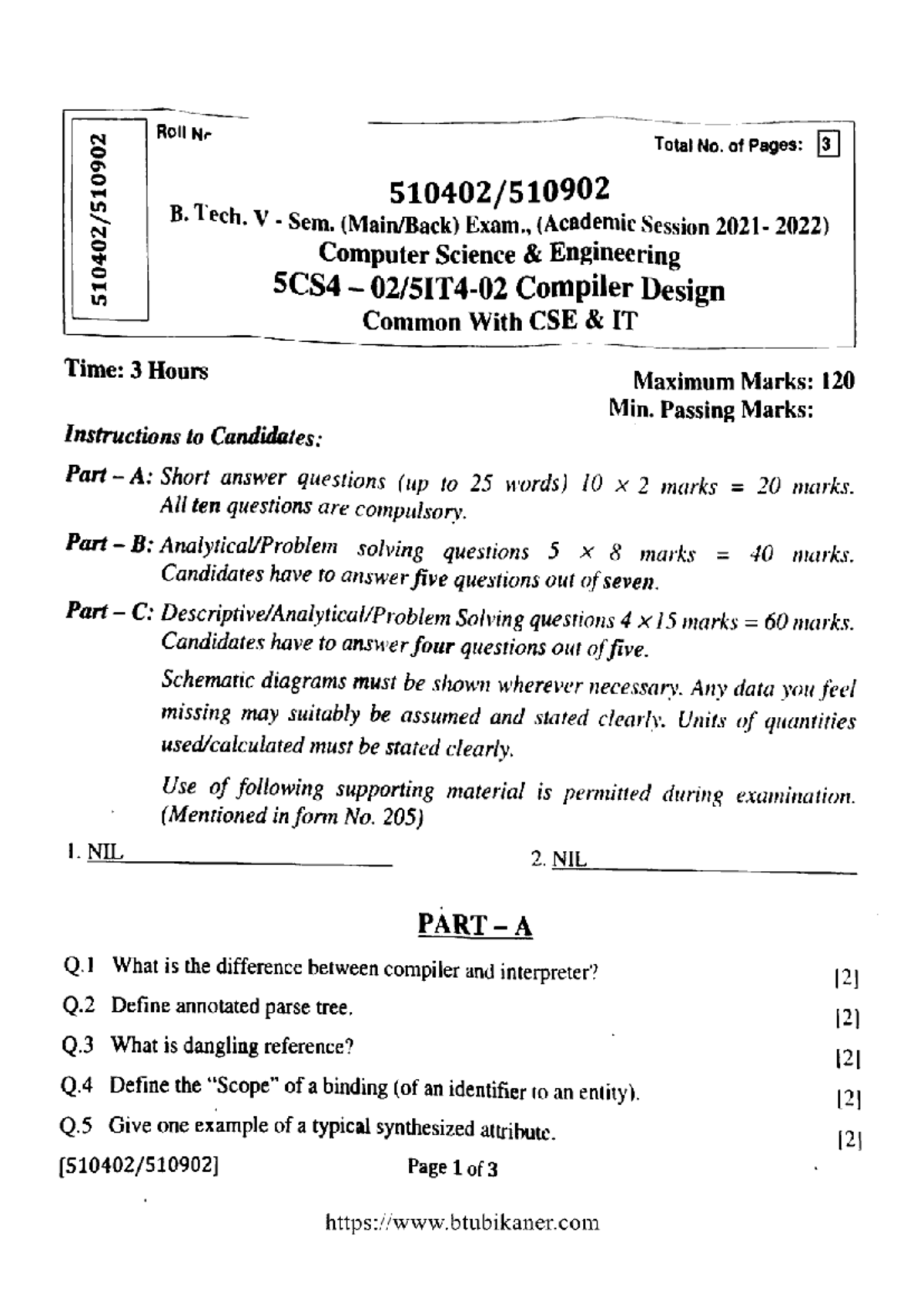 B. Tech. V Sem. 5CS4 Compiler Design Exam PYQ (2022) - Studocu