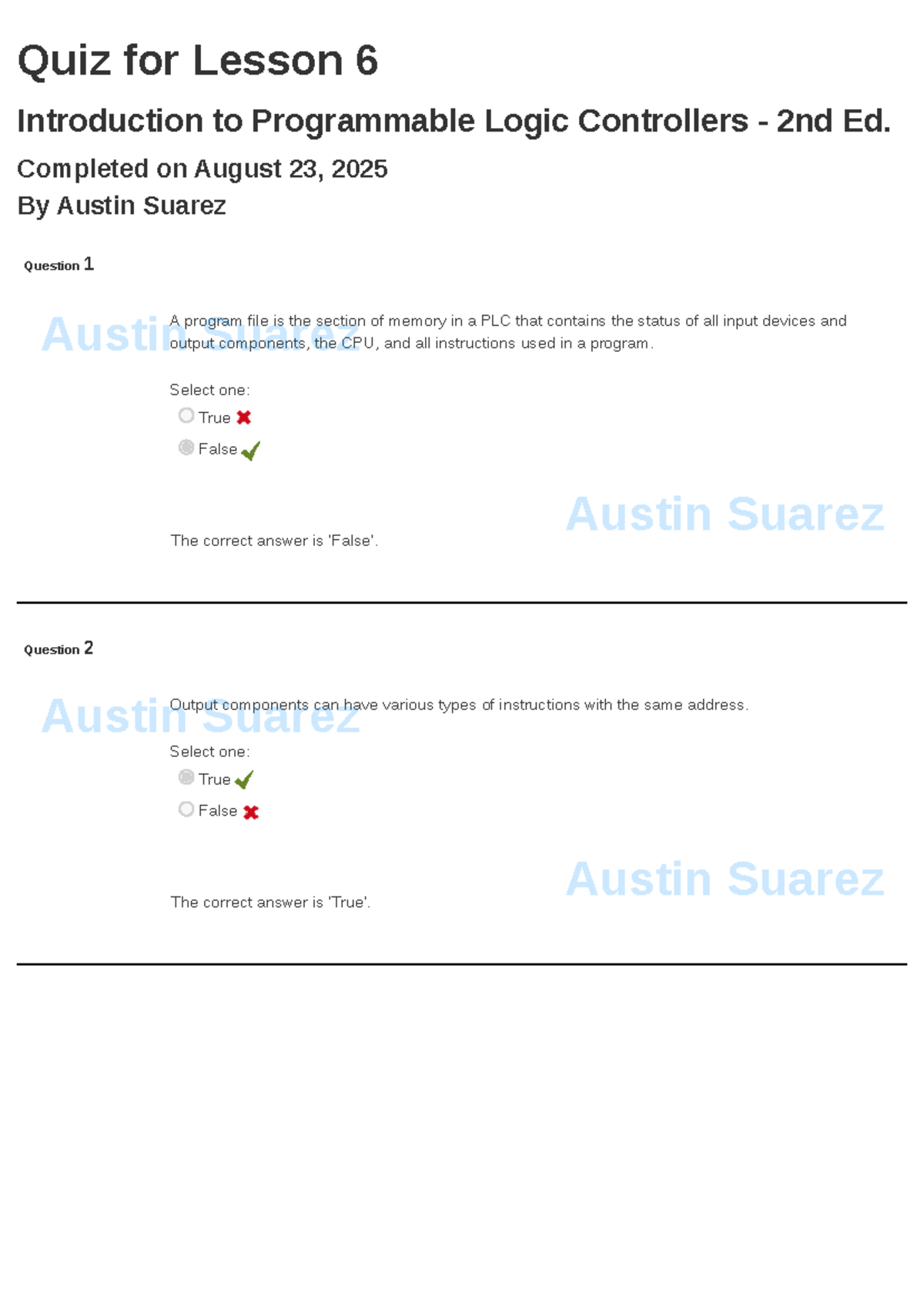 Quiz on Lesson 6: Intro to PLCs (2nd Ed.) - Completed Aug 23, 2025 ...