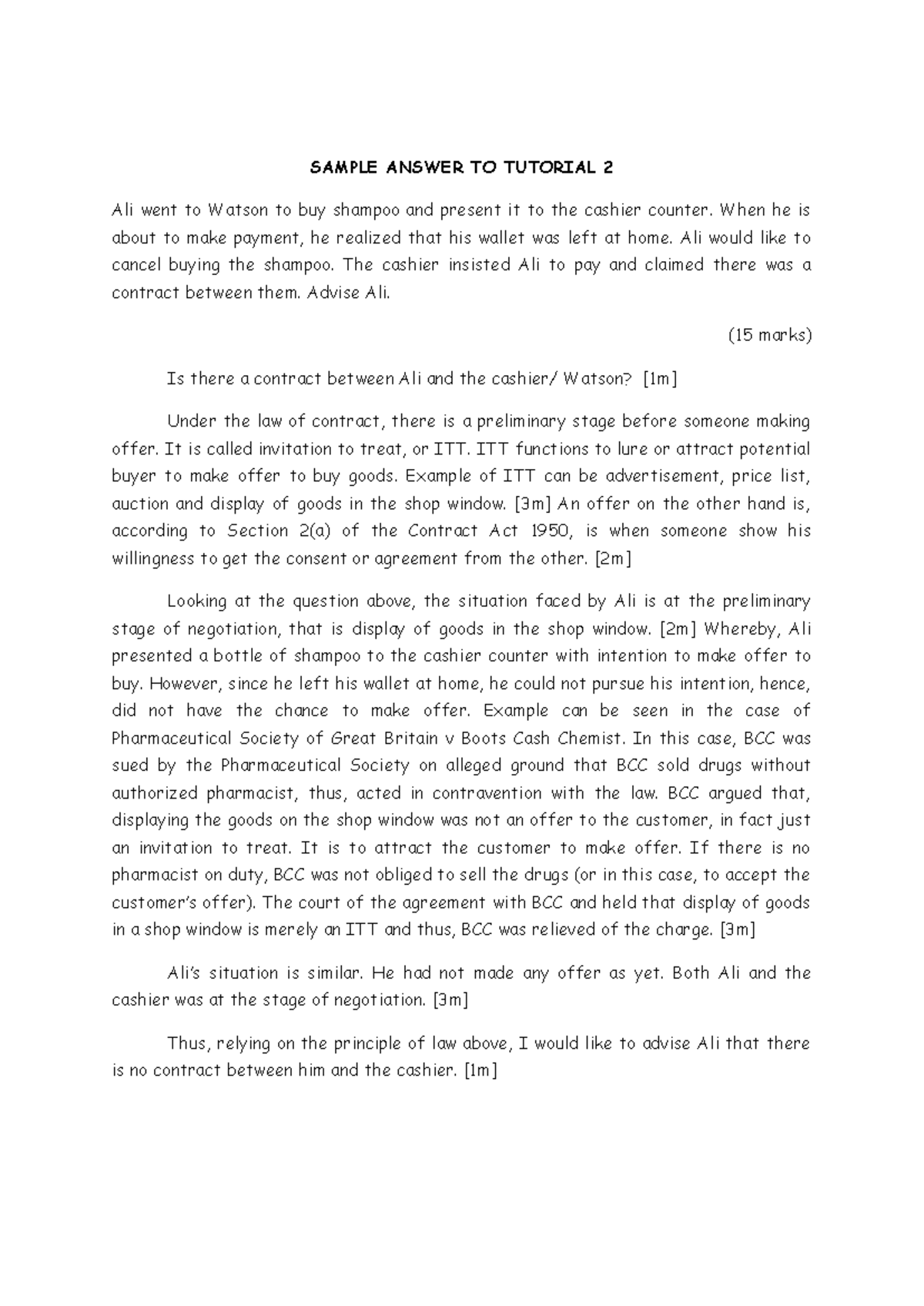 Contract Law Analysis: Sample Answer for Tutorial 2 - Studocu