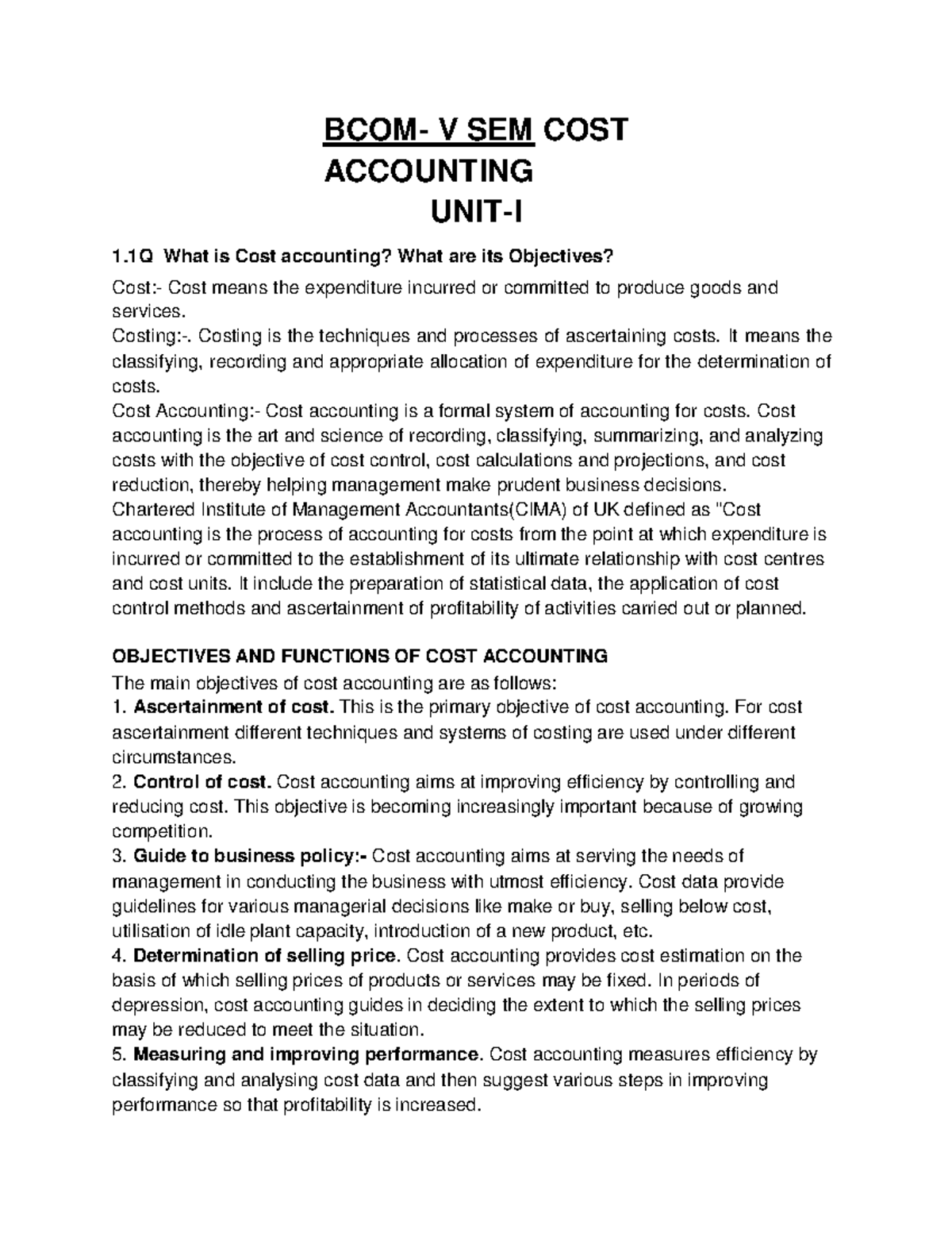 Cost Accounting Overview: V Sem Study Notes - Studocu