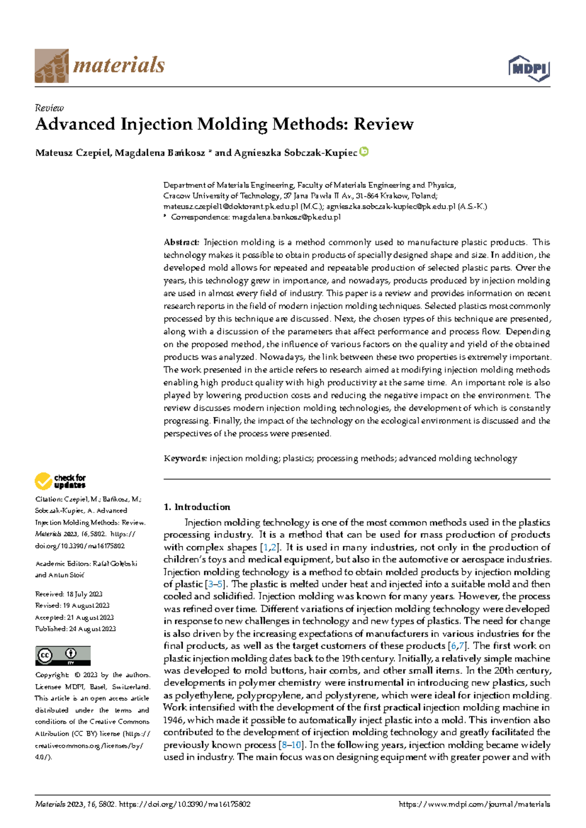 Advanced Injection Molding Techniques Review: Materials 2023, 16, 5802 ...