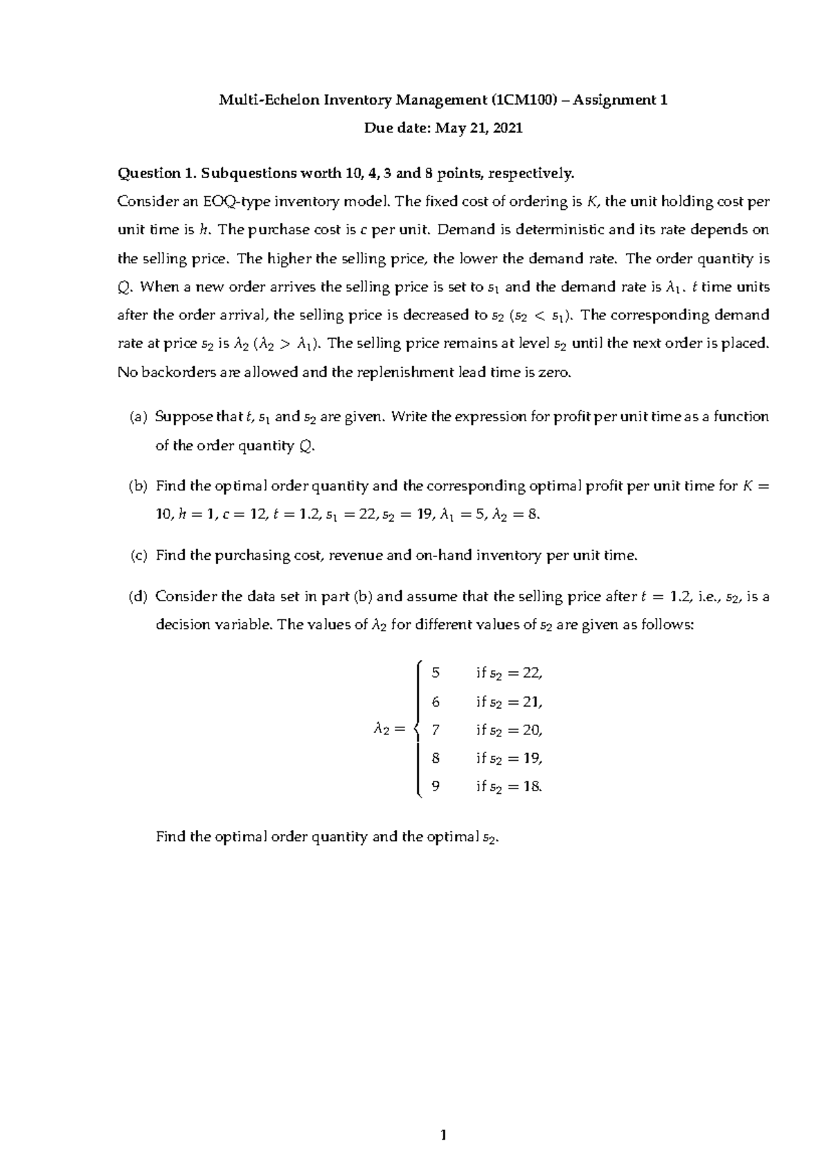 Multi-Echelon Inventory Management (1CM100) – Assignment 1 Study Guide ...