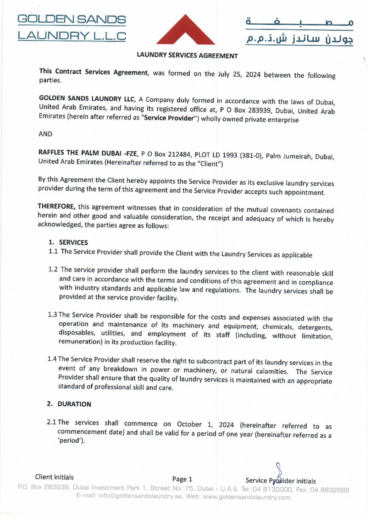 GOLDEN SANDS LAUNDRY L.L.C & RAFFLES THE PALM LAUNDRY SERVICE AGREEMENT ...