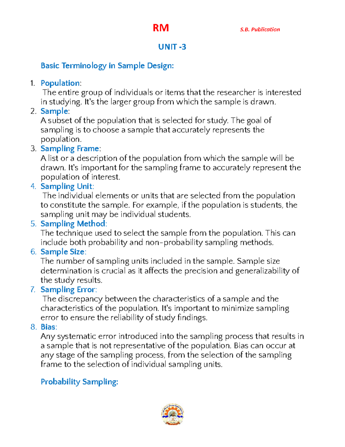 RM S.B. Publication: Basic Terminology in Sample Design and ANOVA - Studocu