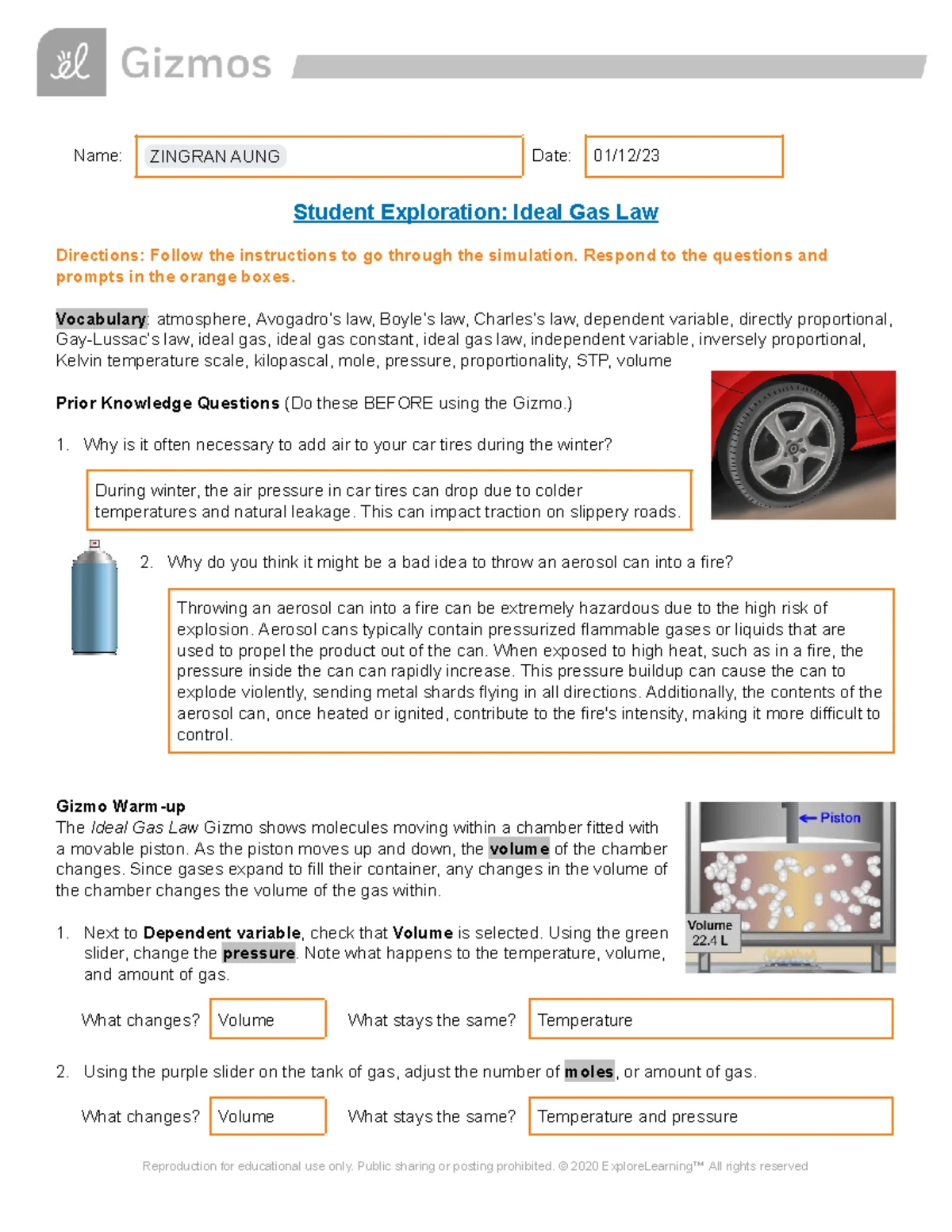 Student Exploration: Boyle's Law & Charles's Law Gizmo - 4/14 - Studocu