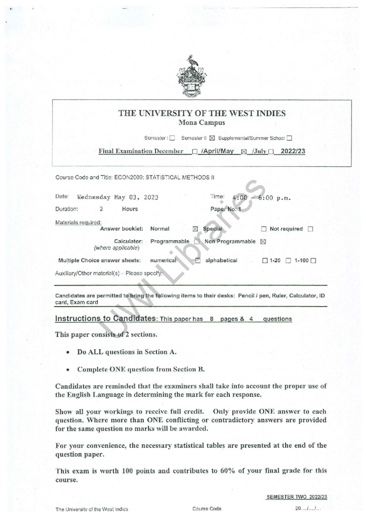 ECON2009: Statistical Methods II Final Exam Practice Materials - Studocu
