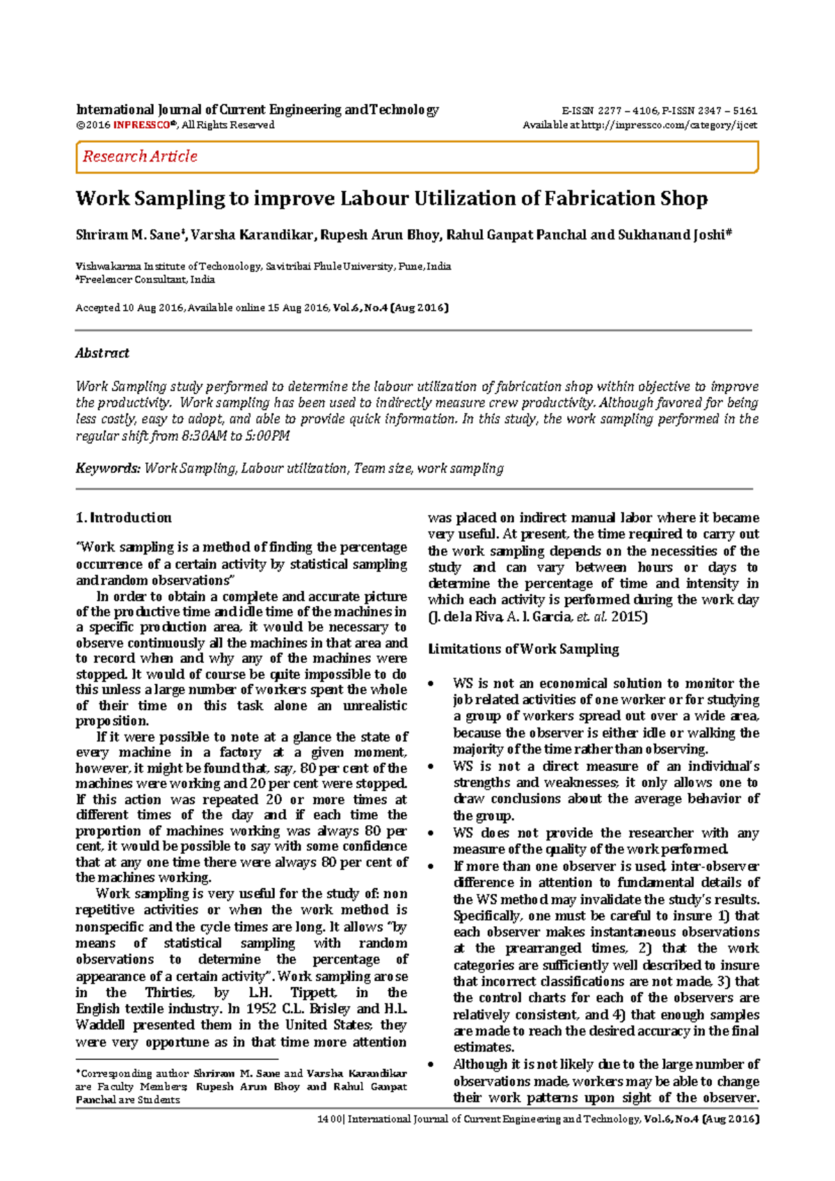 Work Sampling Analysis for Labour Utilization in Fabrication Shop (ENG ...