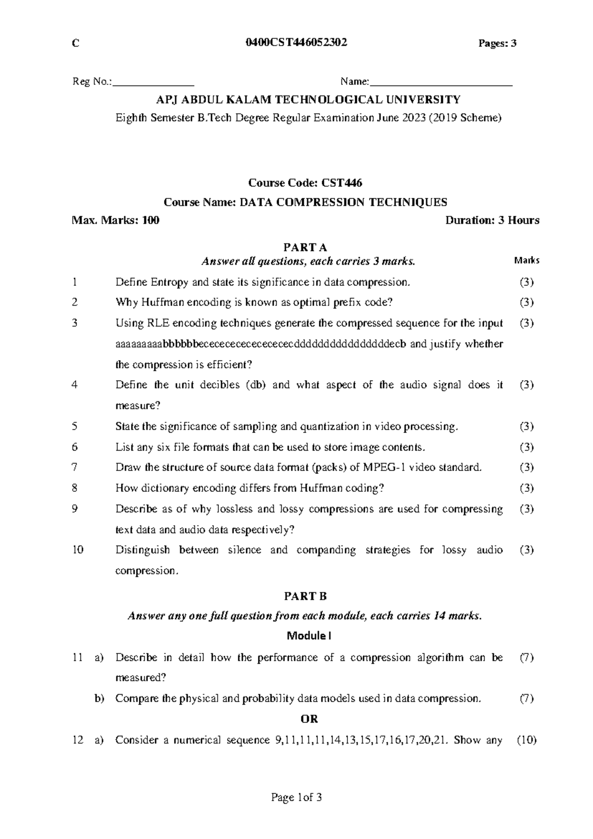 CST446 - Data Compression Techniques: June 2023 Exam Questions - Studocu