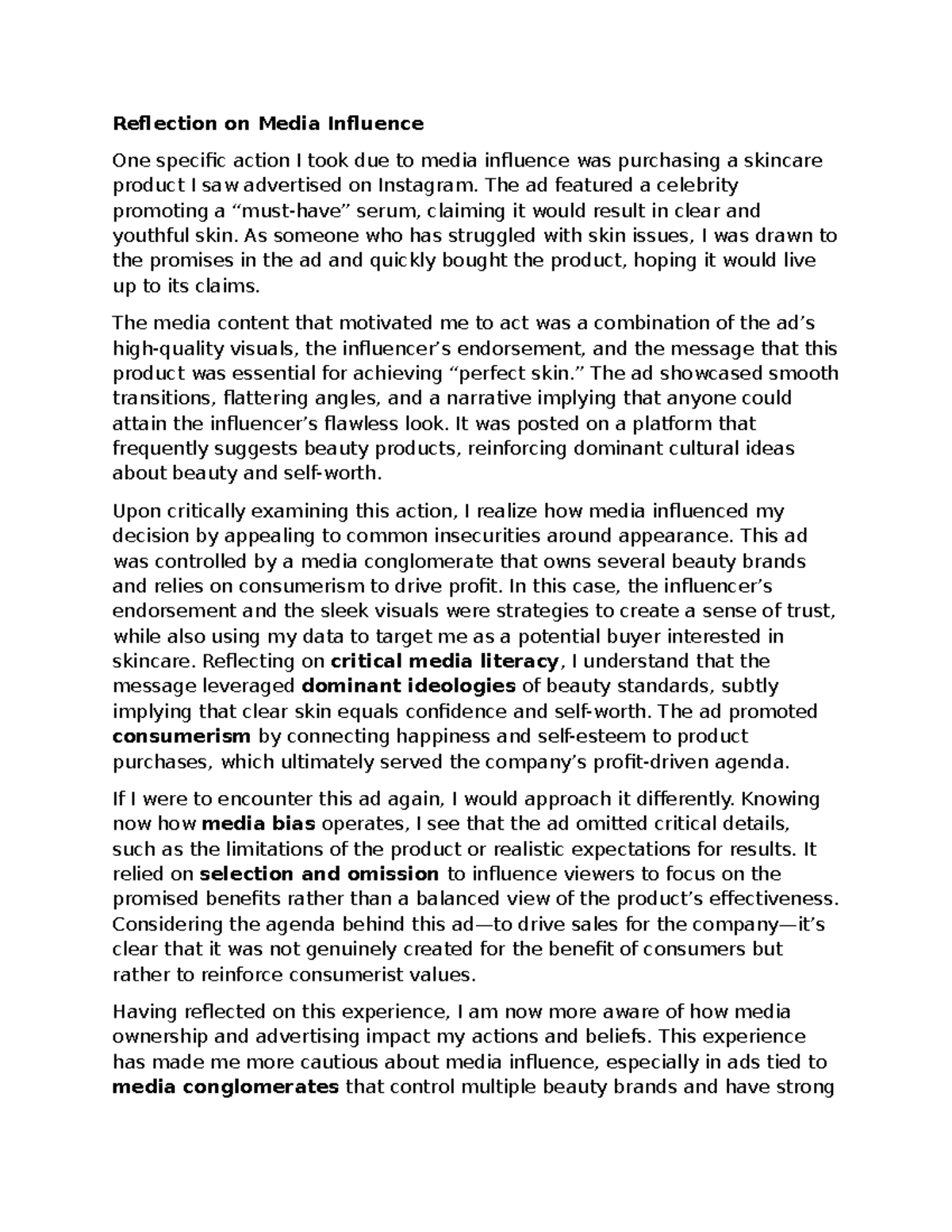 Reflection on Media Influence: Insights on Advertising and Consumerism ...