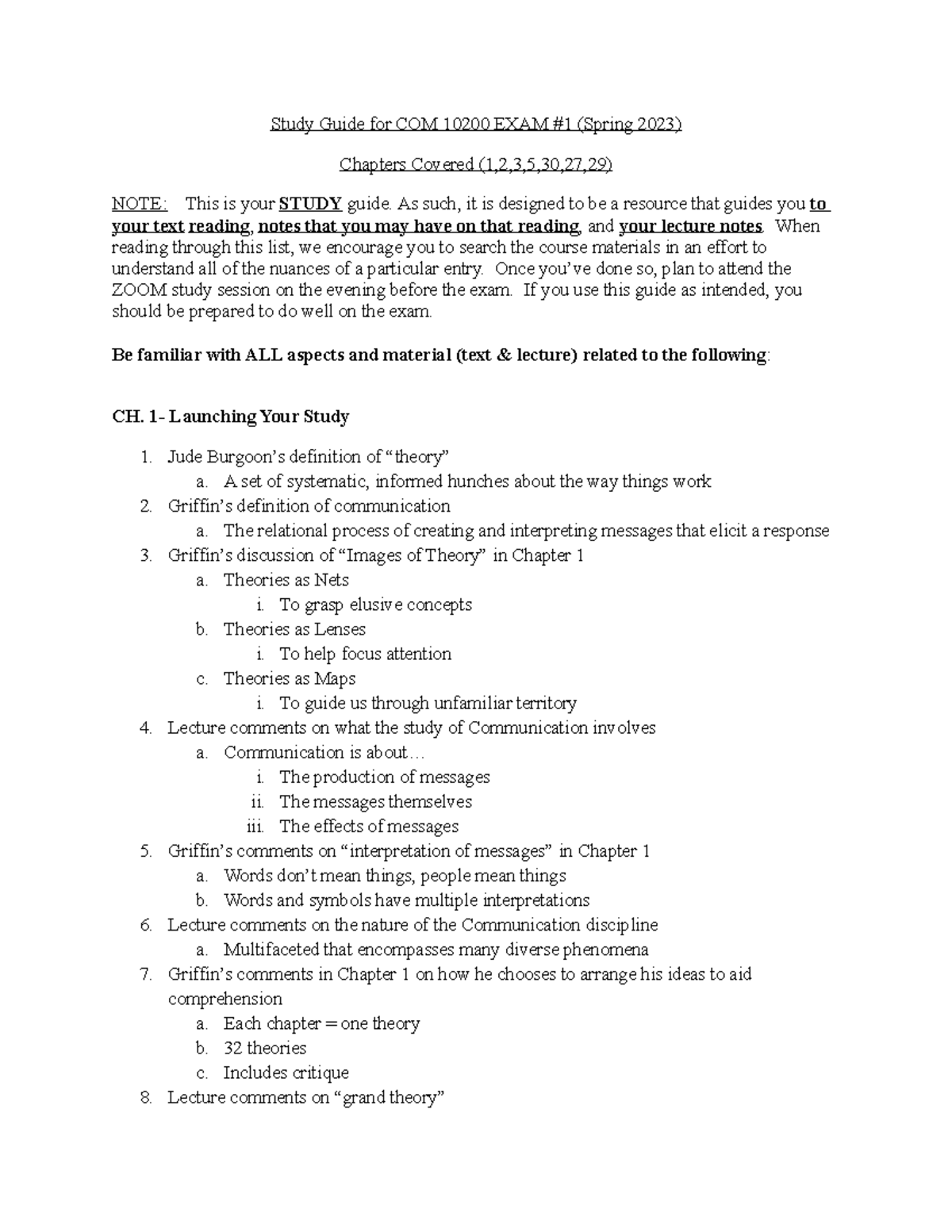 COM 10200 Spring 2023 - Exam 1 Comprehensive Study Guide - Studocu