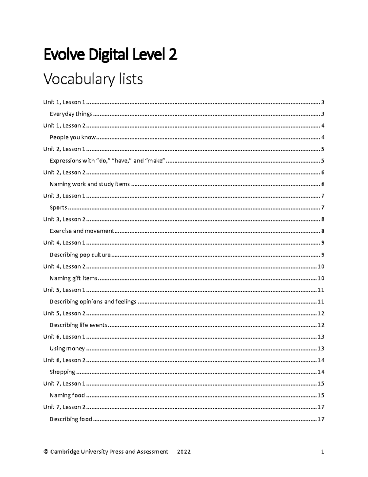 Evolve Digital Level 2 Vocabulary Lists: Units 1-12 Lessons - Studocu