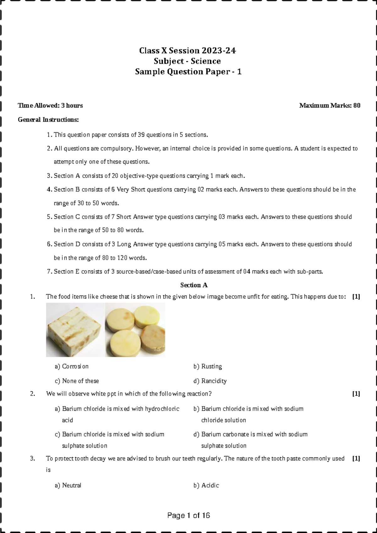 Class X Science Sample Question Paper 1 with Solutions - Studocu
