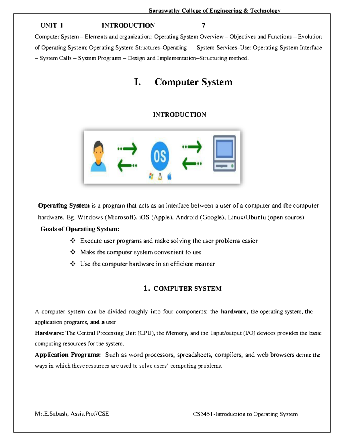 IOS UNIT 1 - CS3451: Overview of Computer Systems & Operating Systems ...