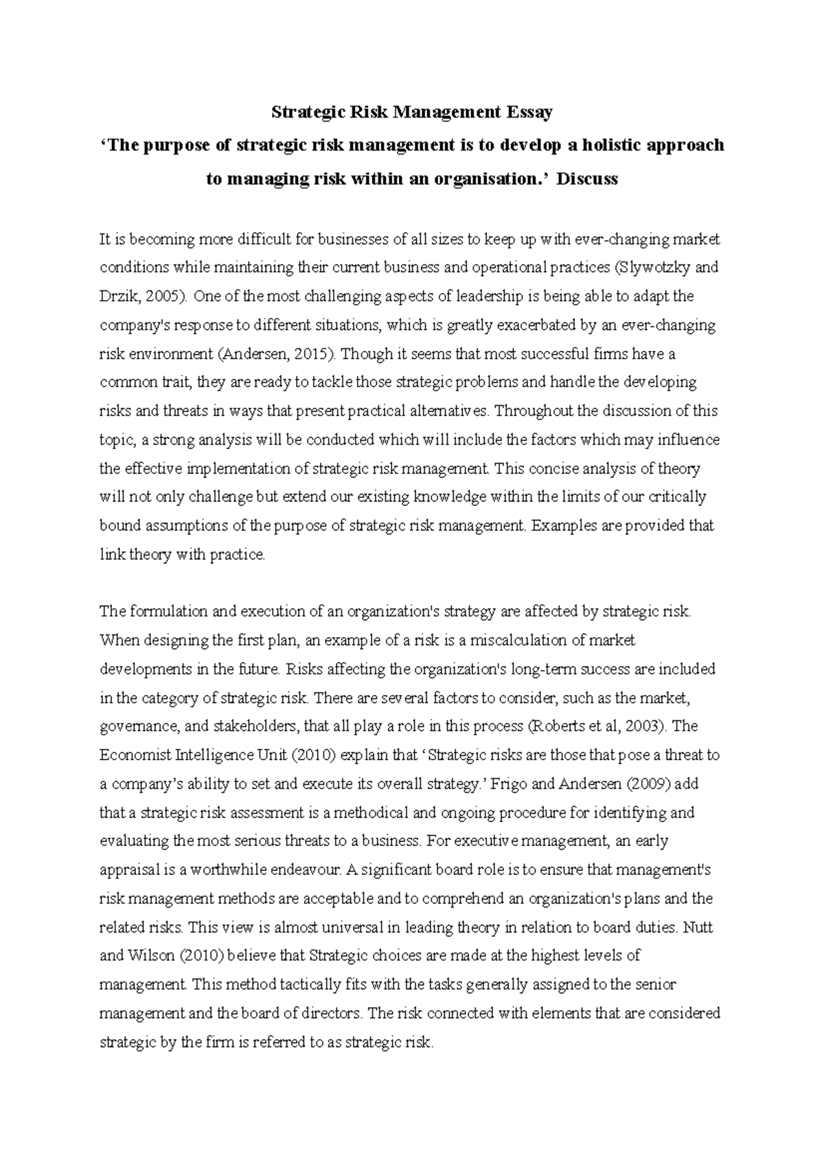 Strategic Risk Management in Organizations: An Analytical Essay - Studocu