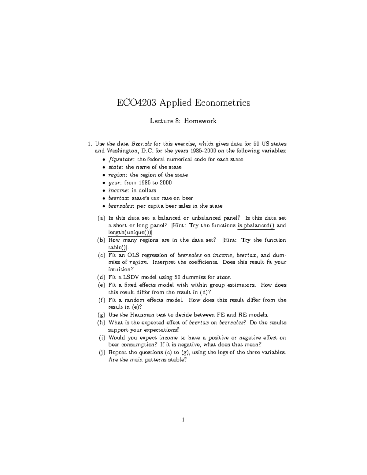 ECO4203 Applied Econometrics Lecture 8: Homework Analysis - Studocu
