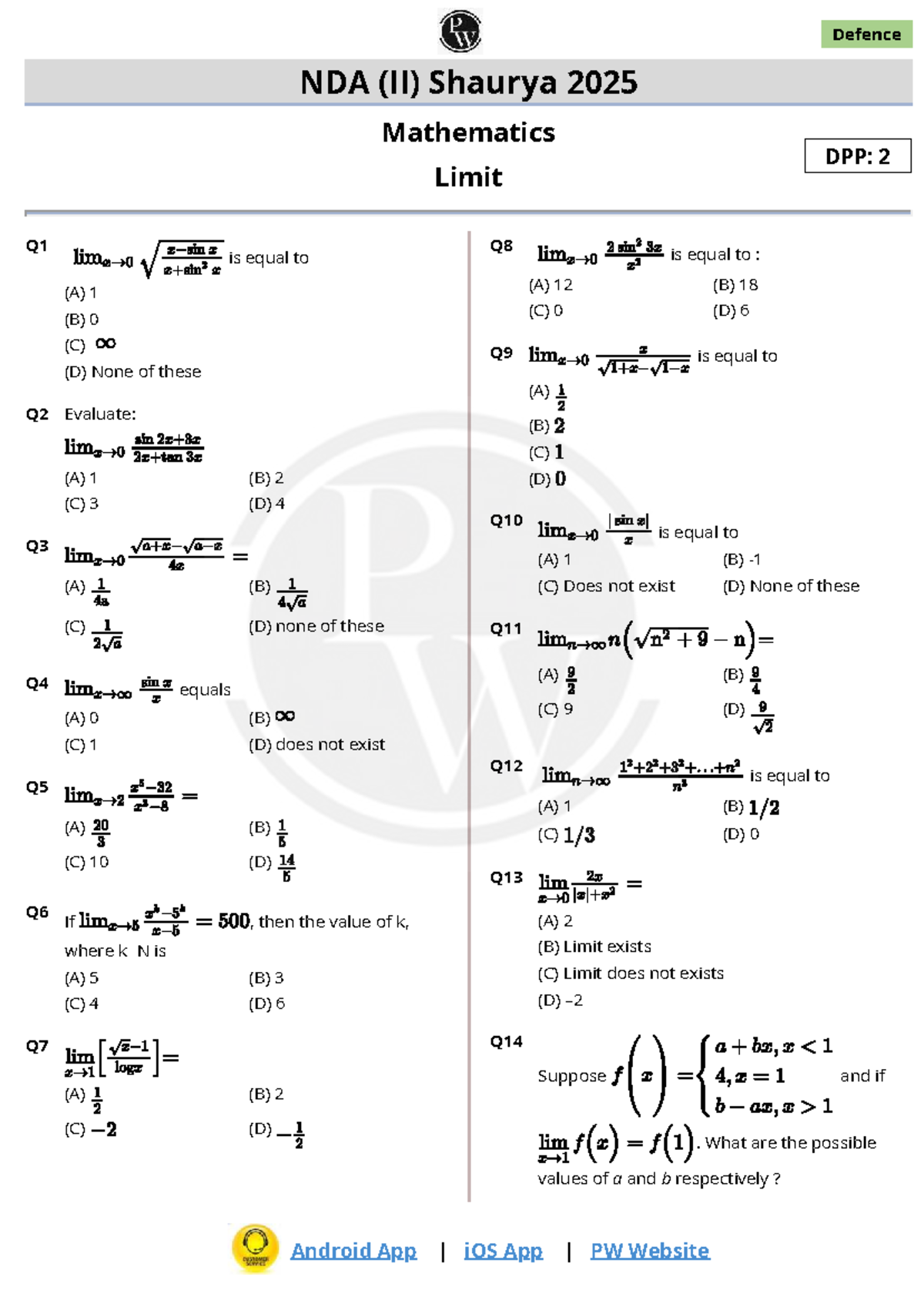 Defence NDA (II) Shaurya 2025 Mathematics DPP: Limit Questions Q1-Q30 ...