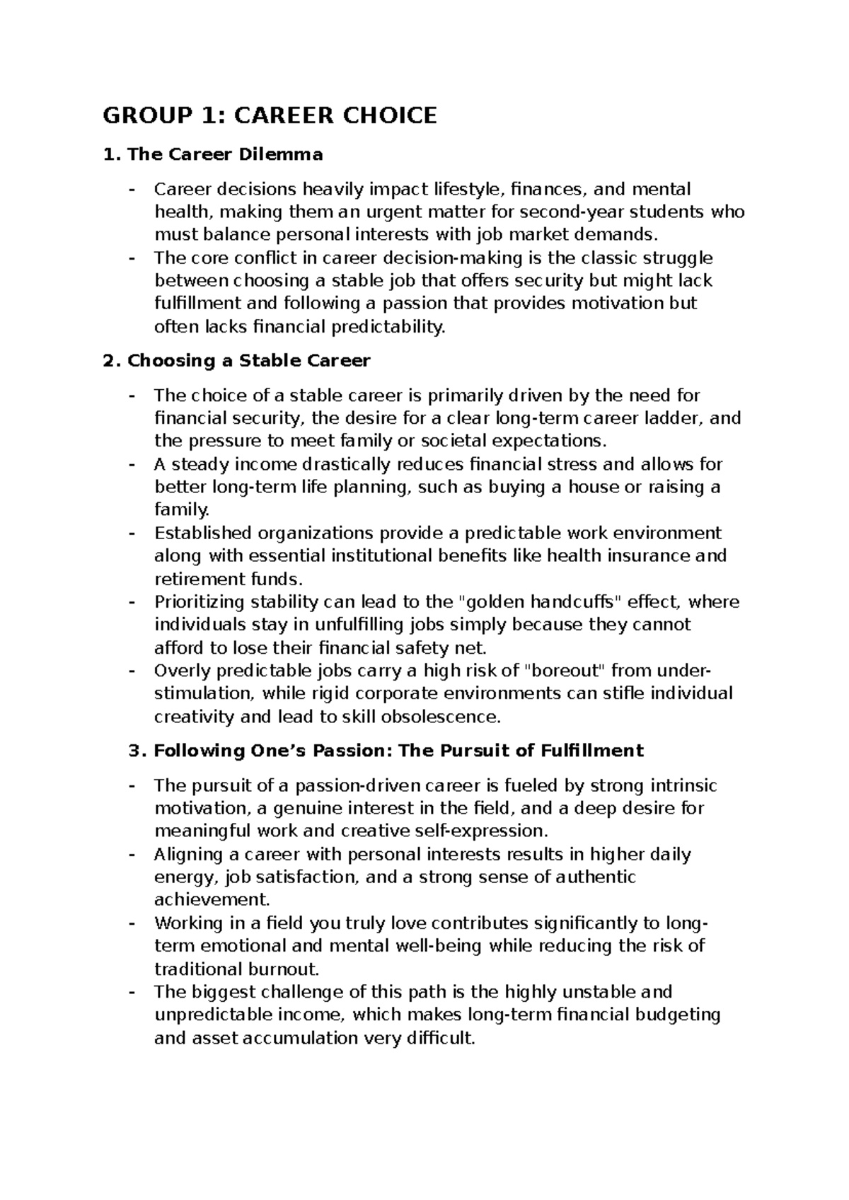 GROUP 1: CAREER CHOICE - Balancing Passion and Stability in Career ...