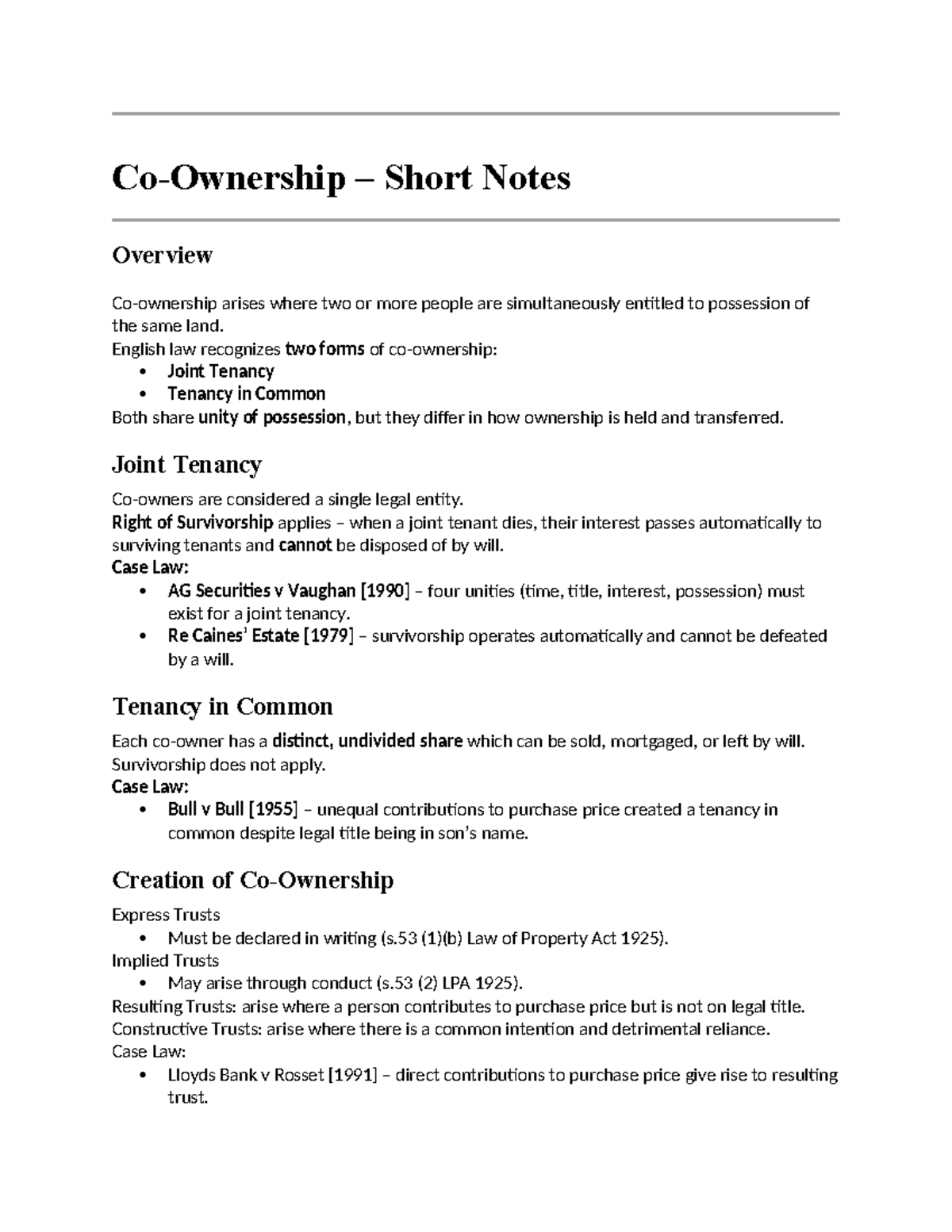 PL Short Notes: Joint Tenancy vs Tenancy in Common Overview - Studocu
