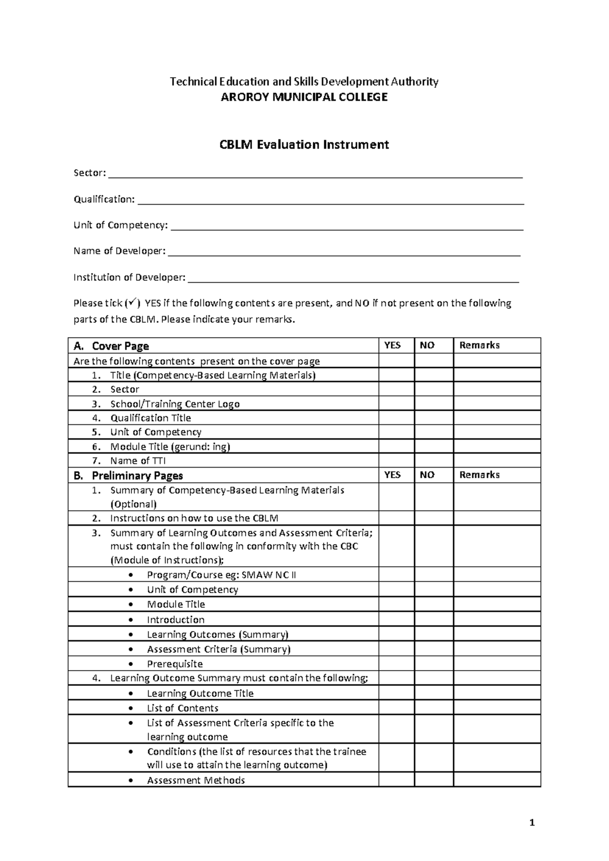 CBLM Evaluation Instrument for Technical Education and Skills ...