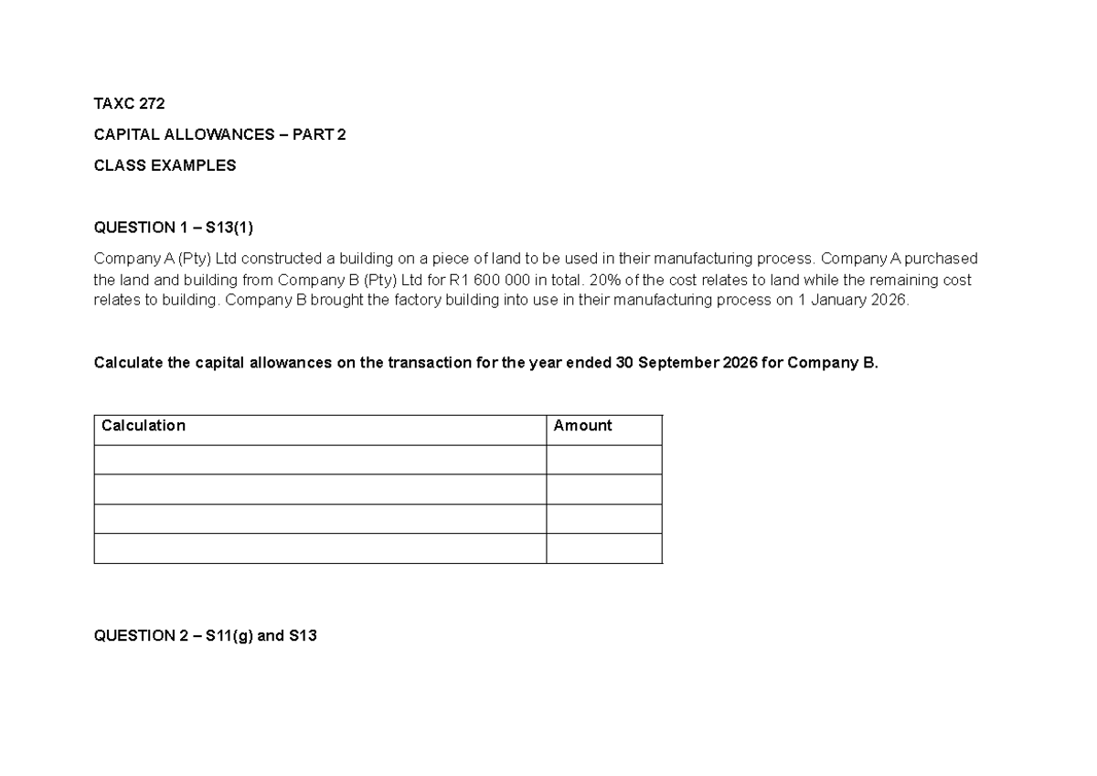 TAXC 272 Capital Allowances Part 2: Class Examples & Calculations - Studocu