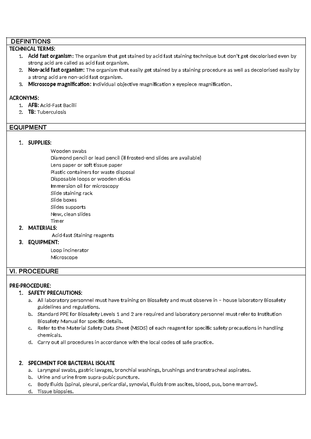 AFB Staining Procedures: Technical Definitions & Methods - Studocu